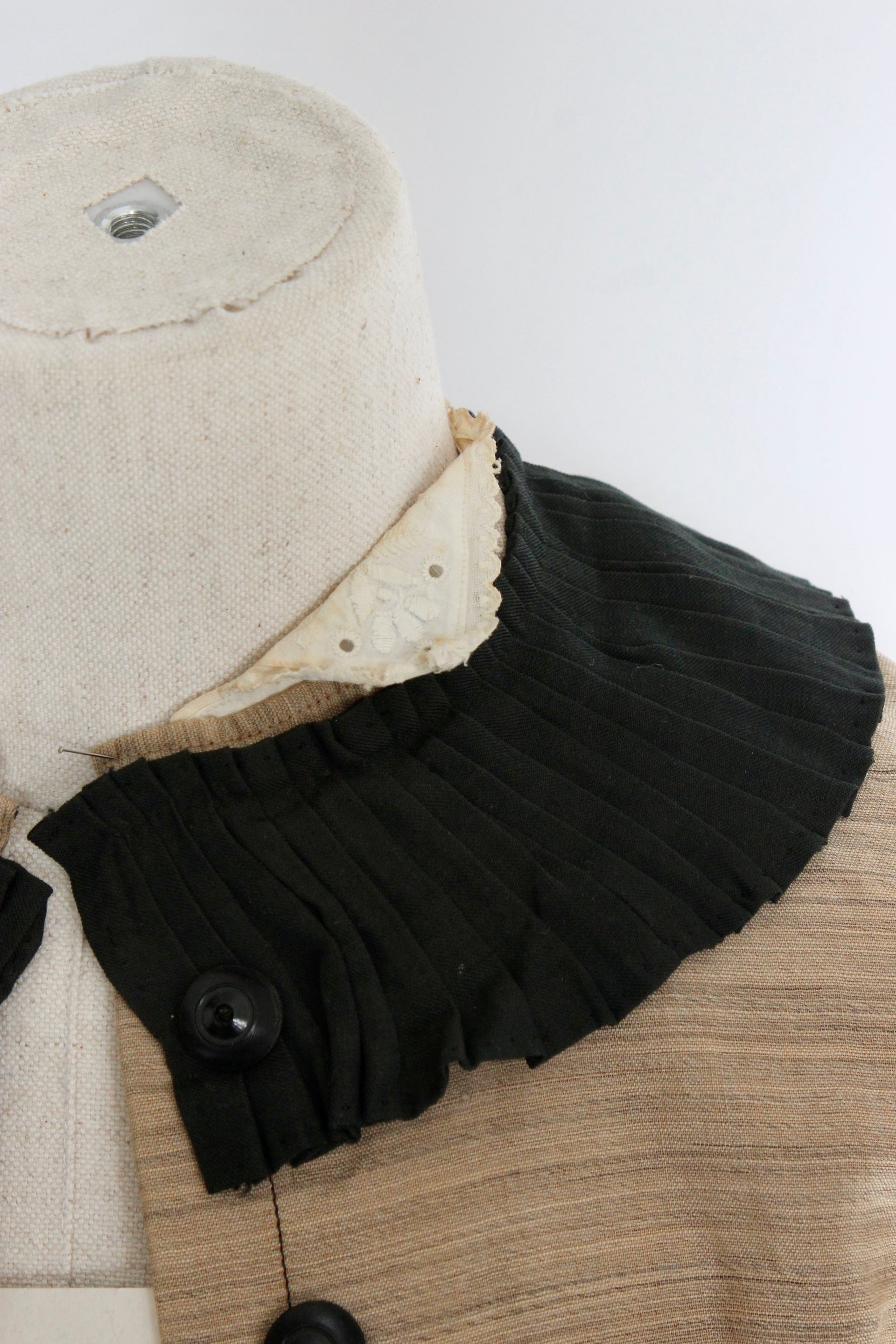 1879s Antique Victorian Beige Jacket with Black Collar and Cuffs Owned by Karin Strandberg, Sweden.