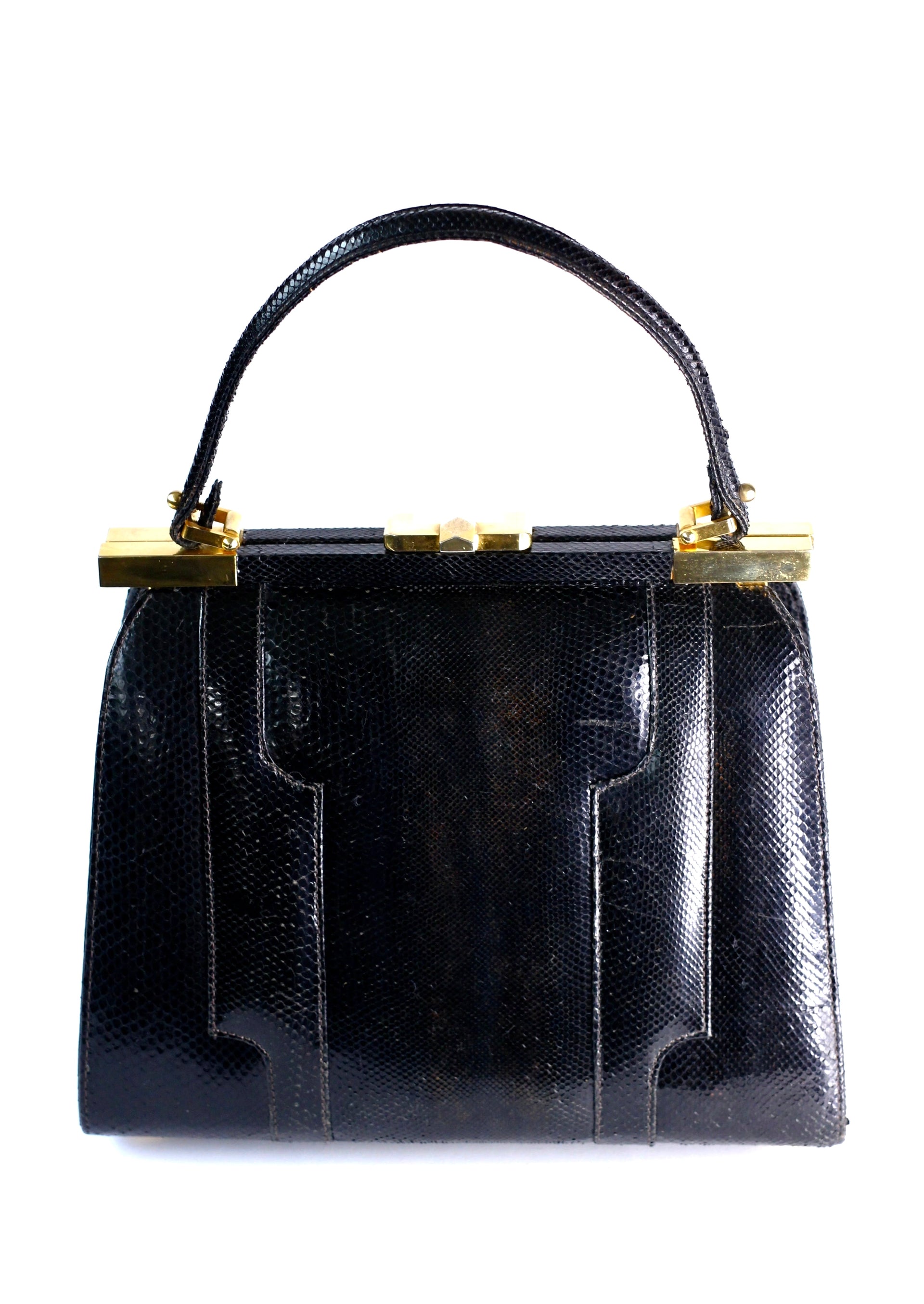 1950s Vintage Black Leather Top Handle Bag