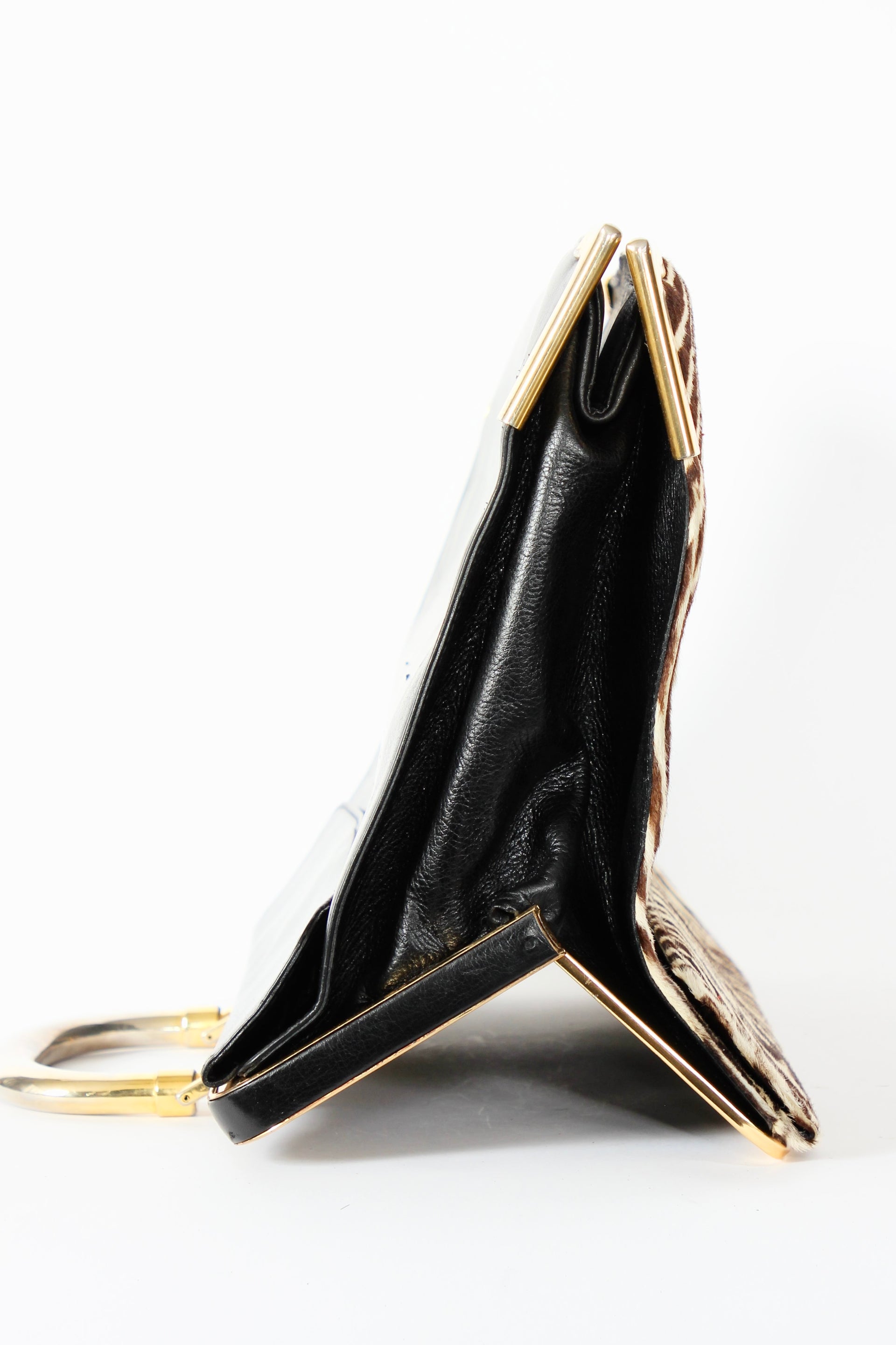 1960s Vintage Bon Goût Black Leather Top Handle Bag with Zebra Pattern Fur