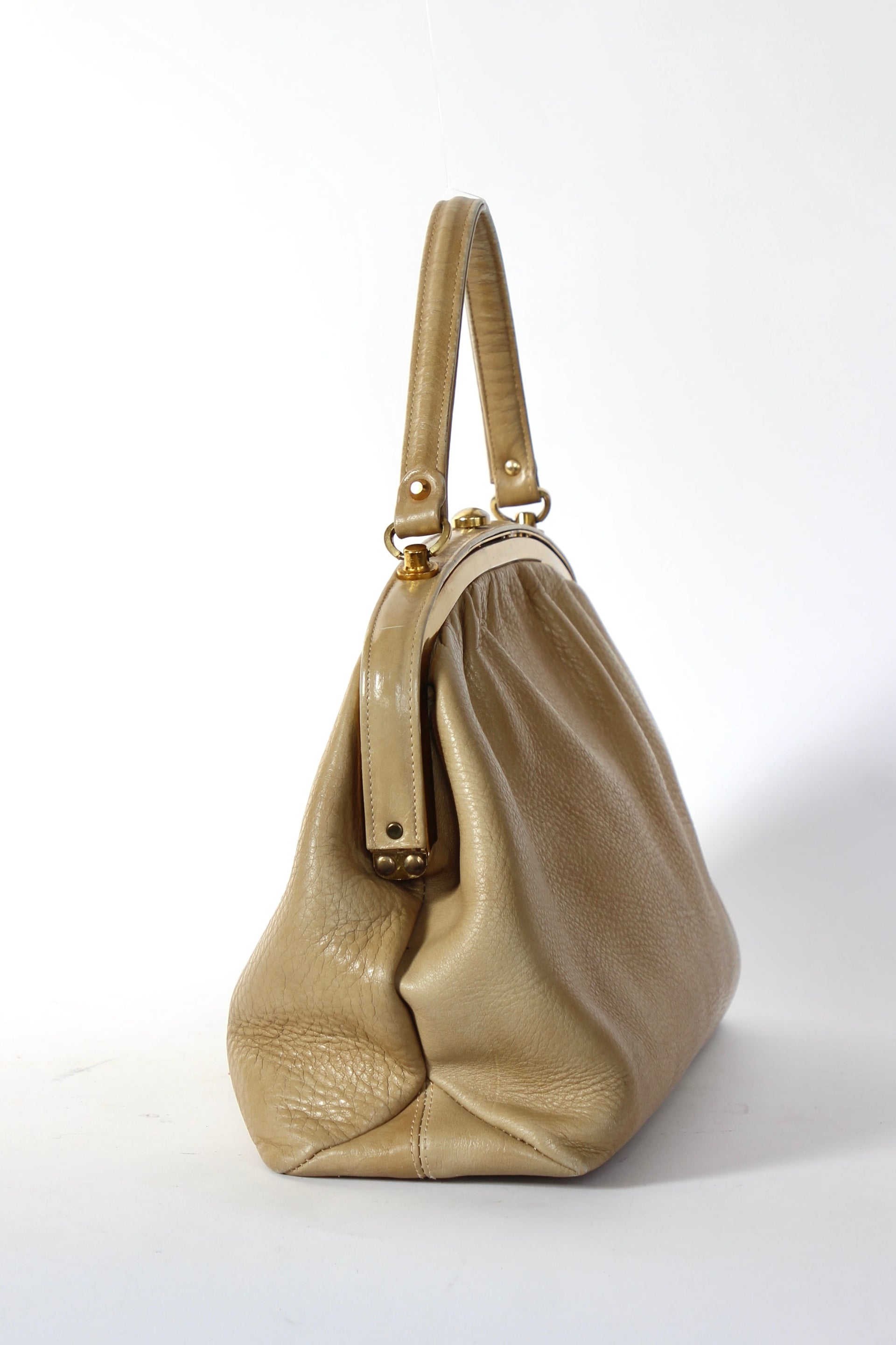 1960s Vintage Beige Leather Top Handle Bag with Green Leather Linen