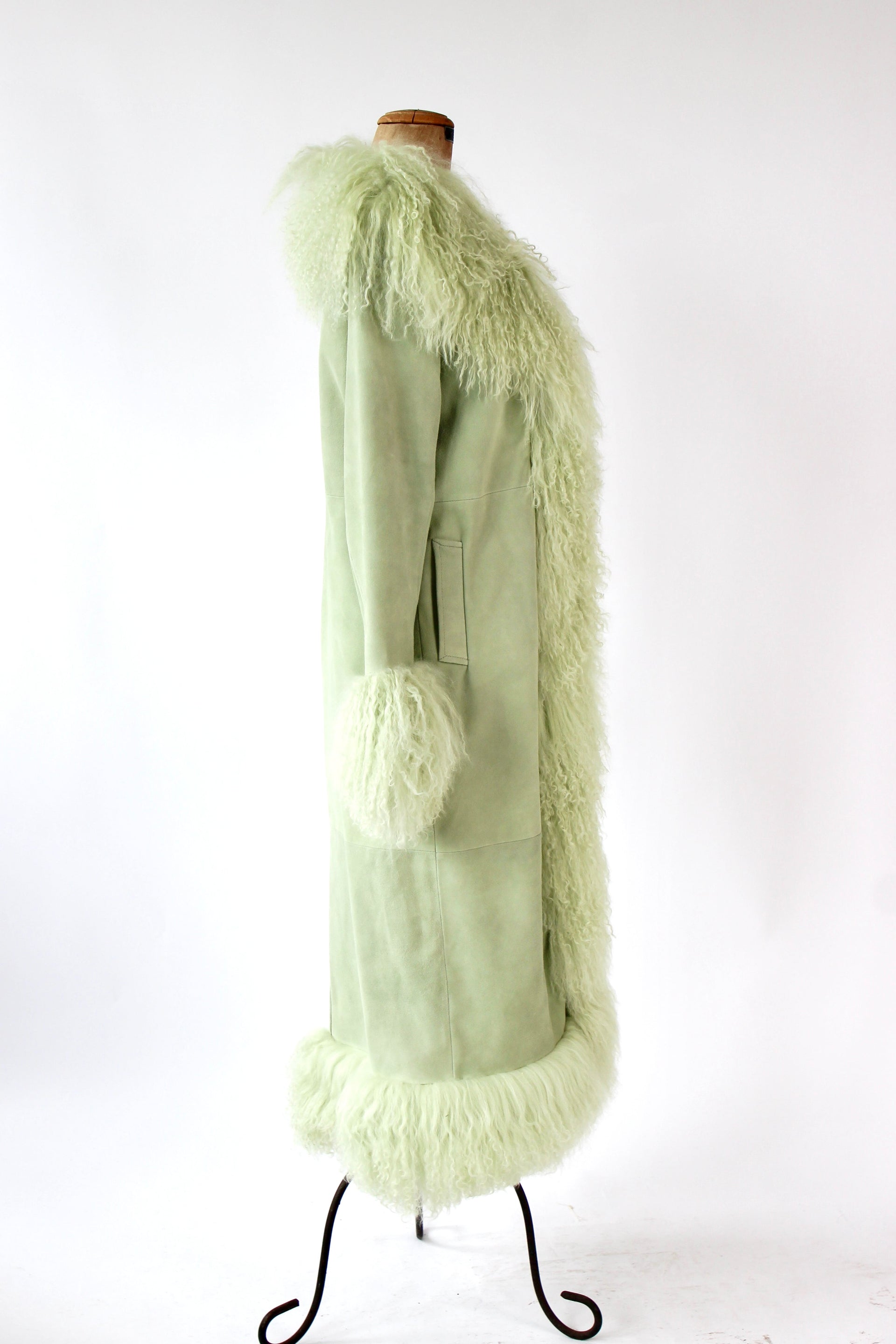 Mint Green Suede Leather Coat with Mongolian Sheep Fur
