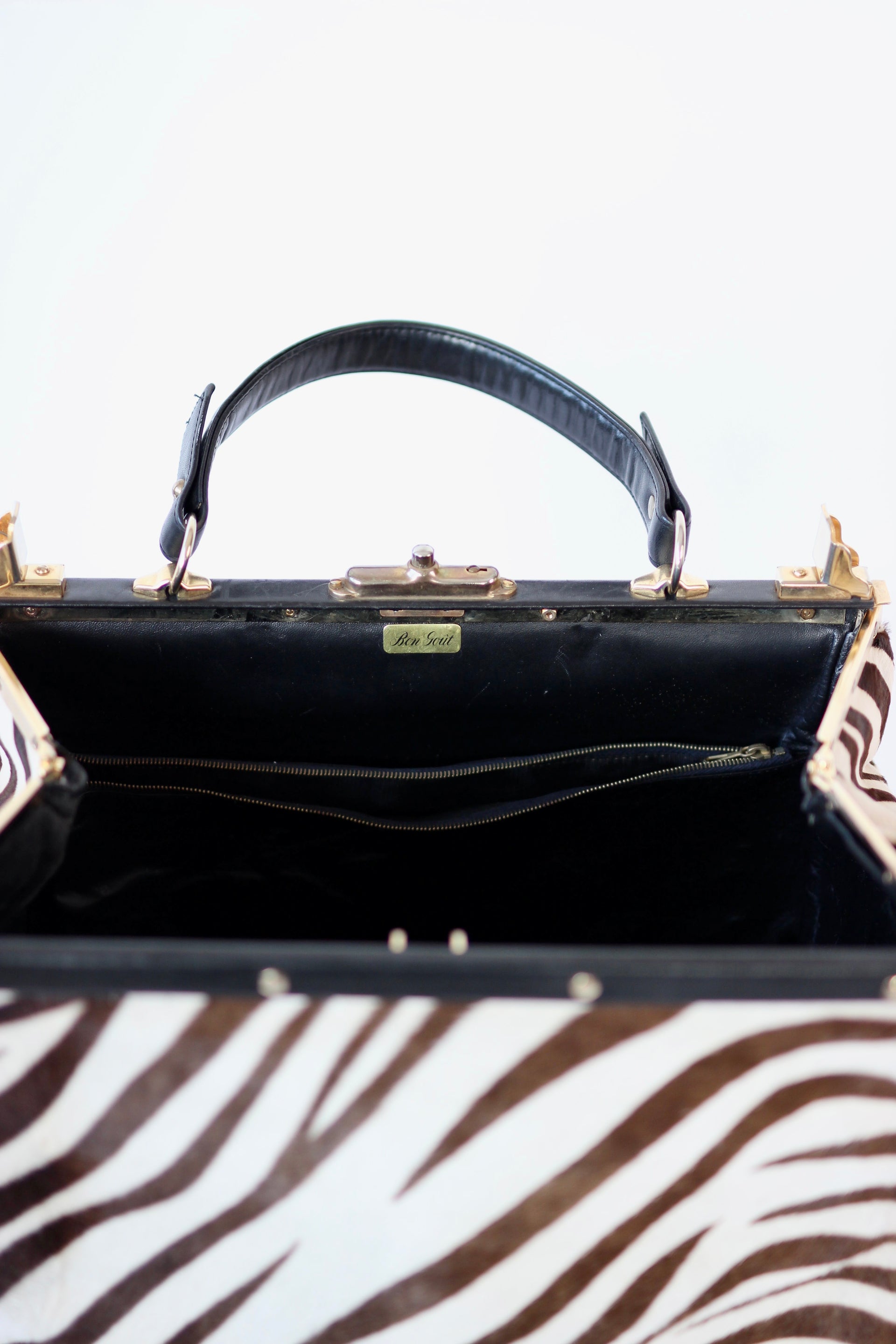 1950S 1960s Black Leather Top Handle Bag with Zebra Pattern Fur//Danish Design