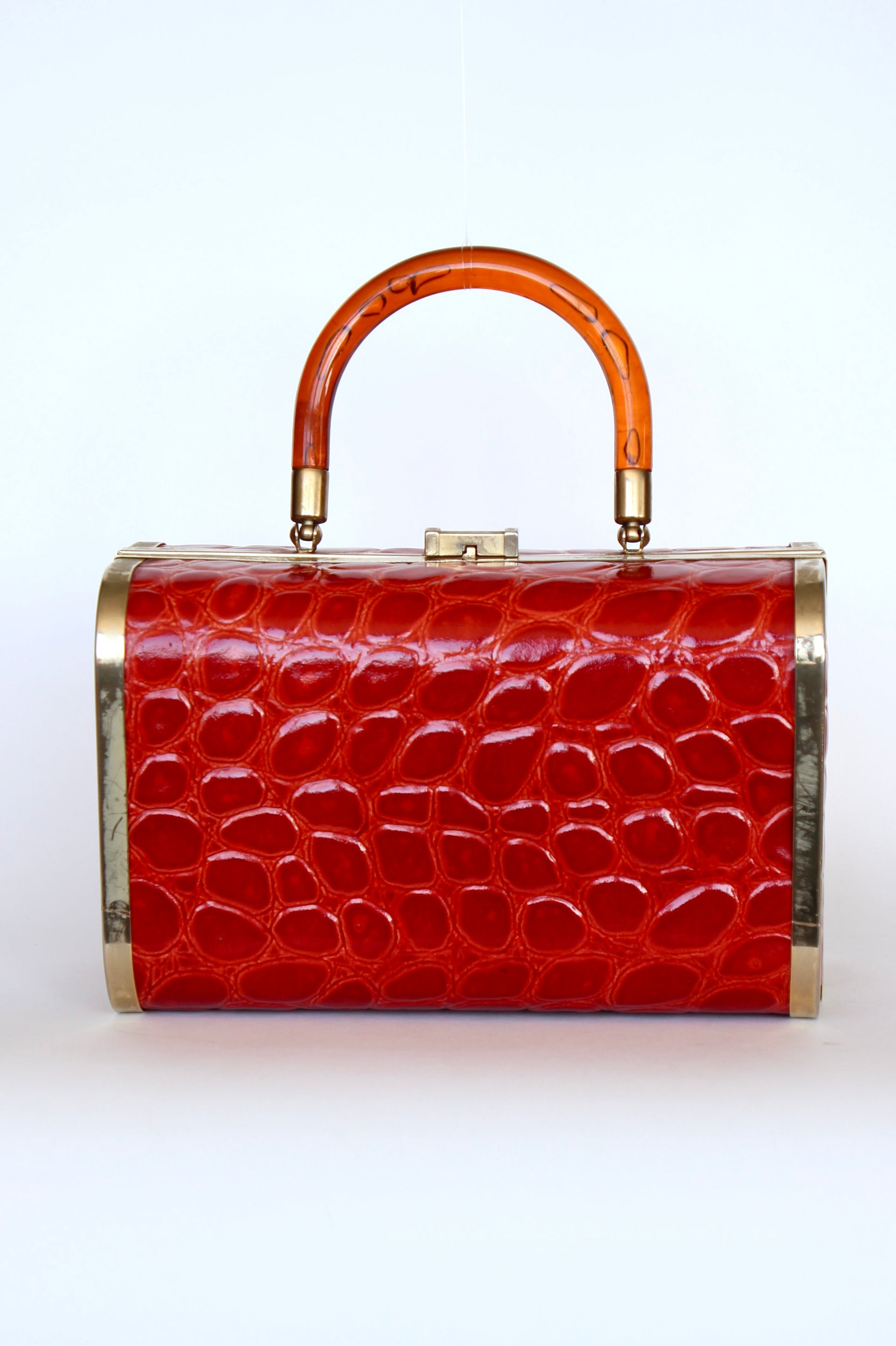 1950s 1960s Bright Red Leather Box Top Handle Bag/Purse