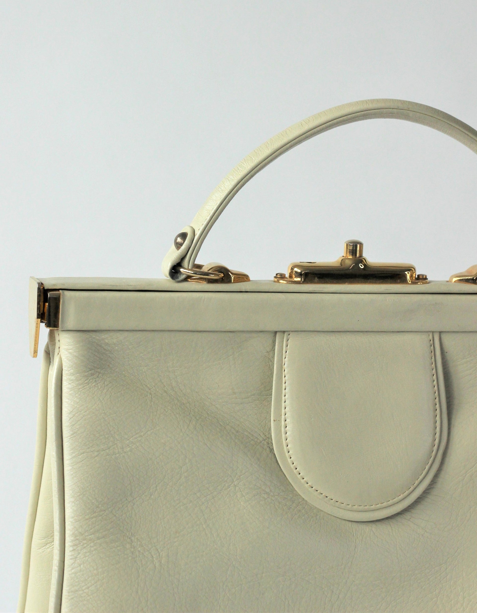 1950S 1960s Ivory Leather Top Handle Bag with Red Linen/Danish Design