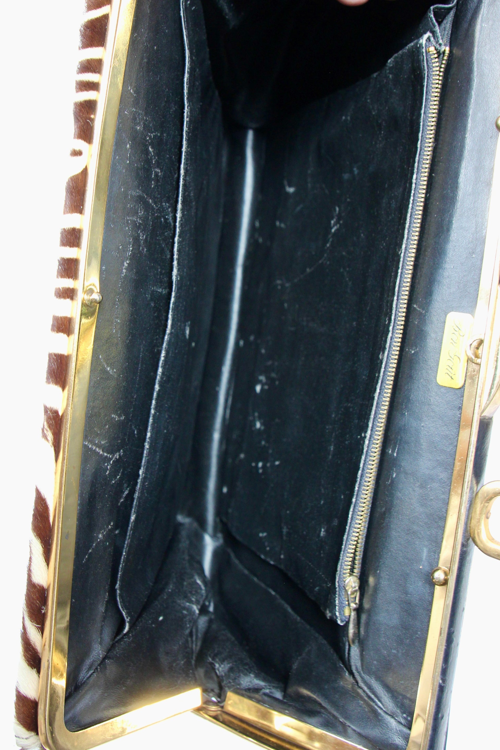 1960s Vintage Bon Goût Black Leather Top Handle Bag with Zebra Pattern Fur