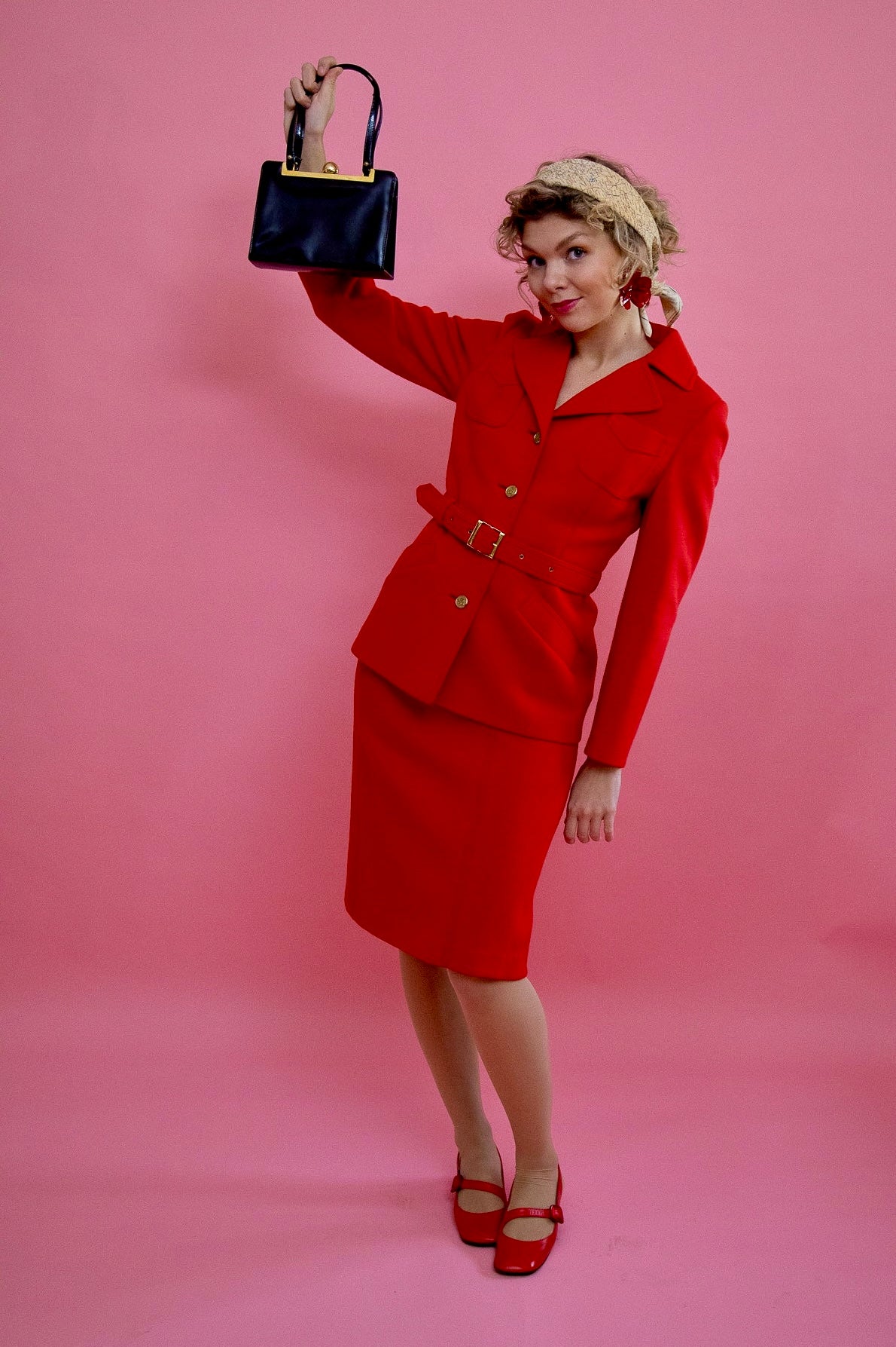 1960s 1970s Vintage Bright Red Wool Skirt Suit // Size S