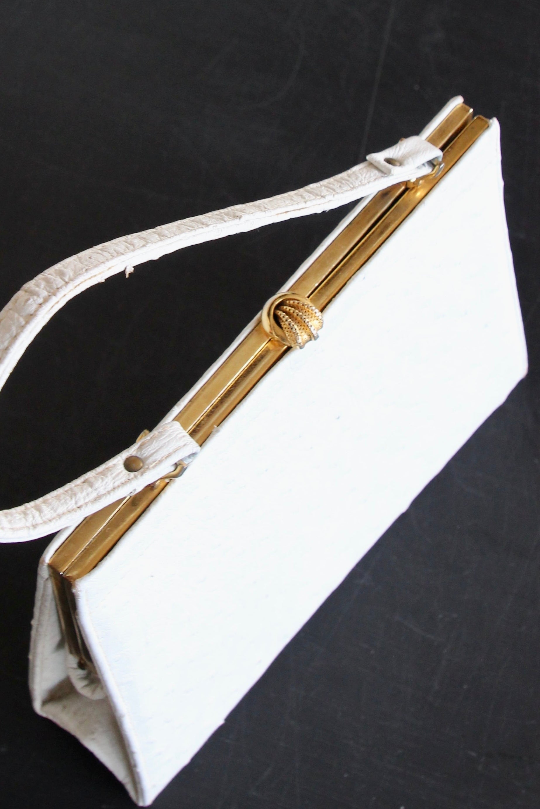 1960s Vintage White Ostrich Leather Top Handle Bag/Purse