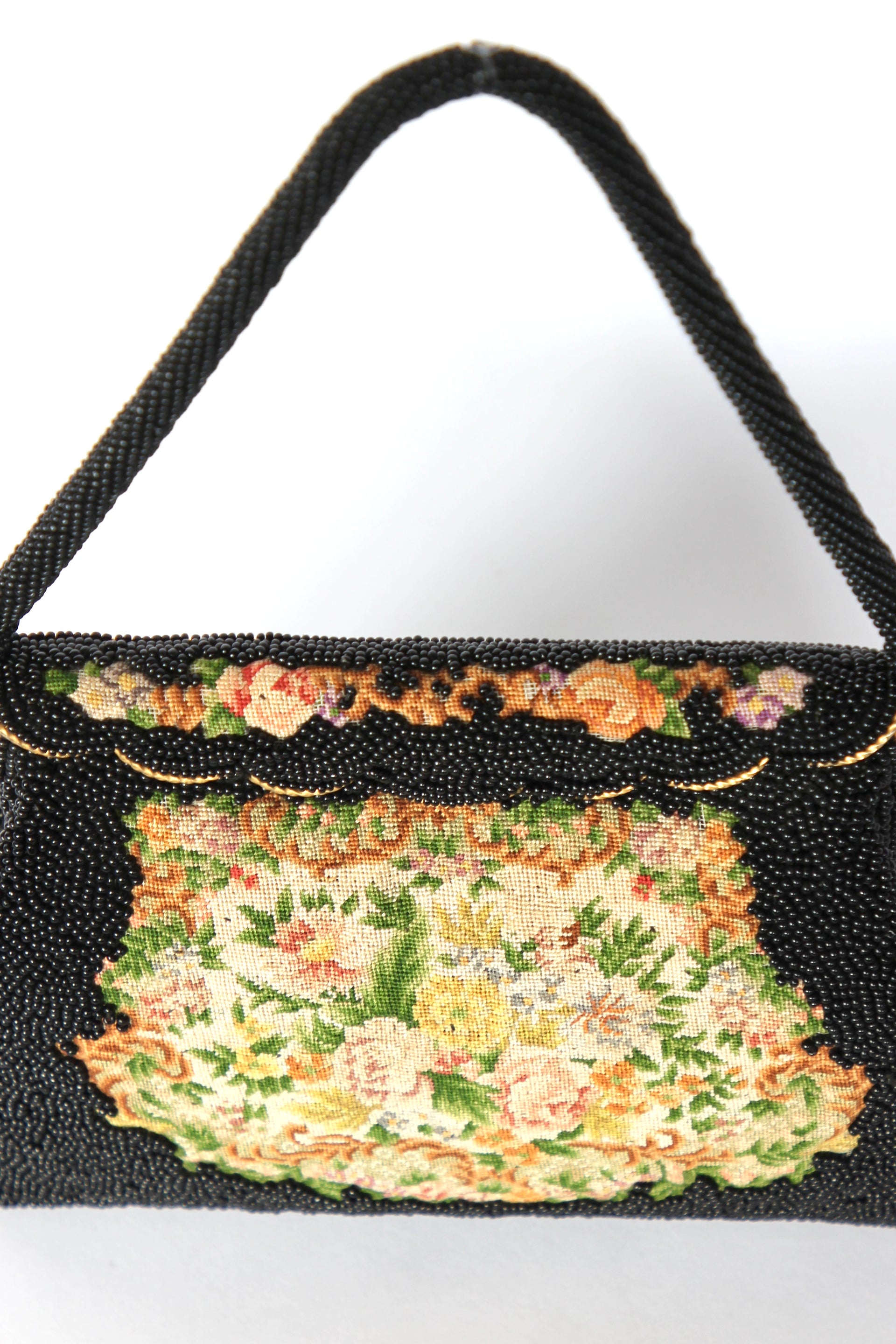 1940s 1950s Vintage Black Beaded & Floral Petit Point Evening Bag