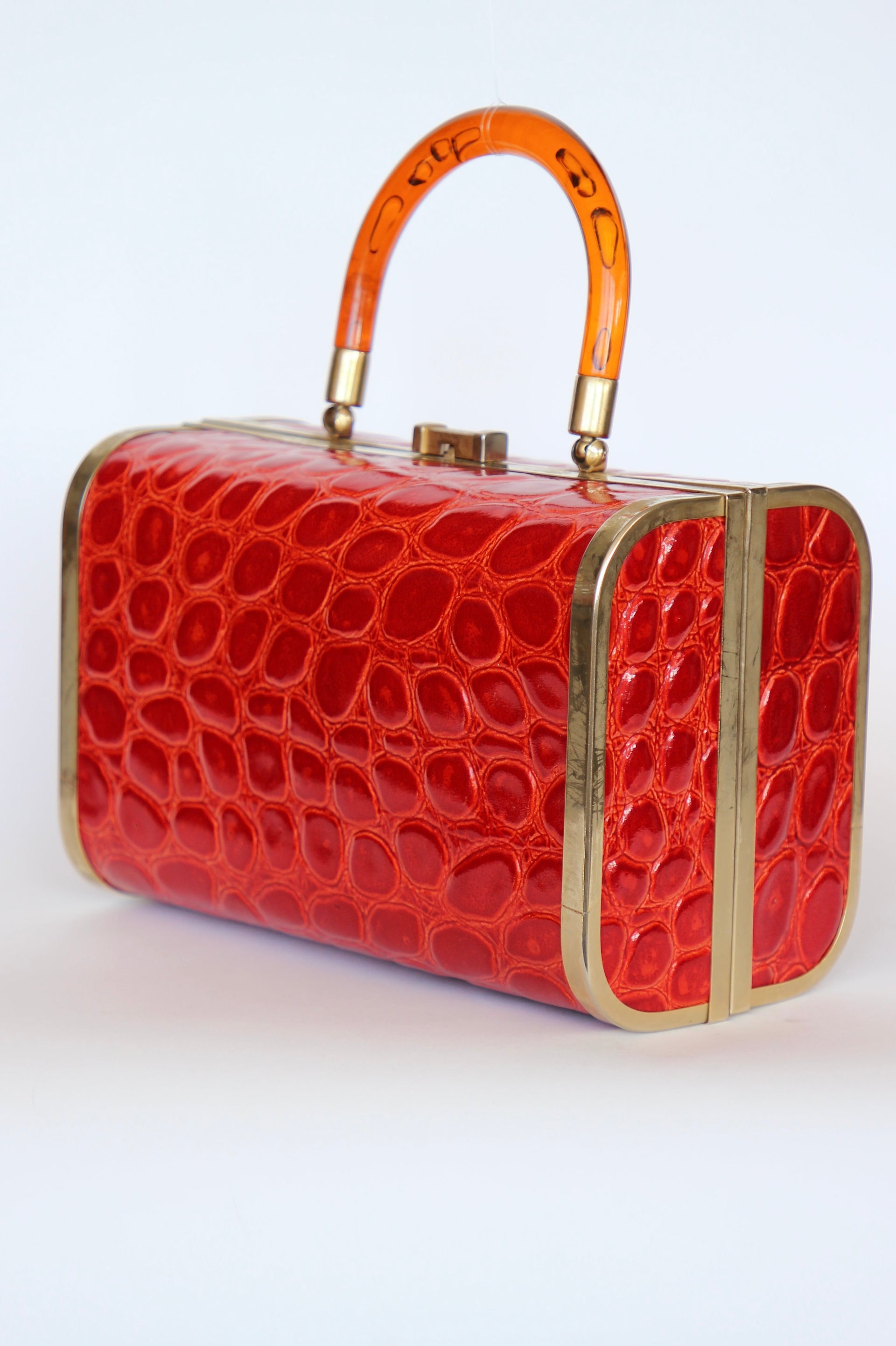 1950s 1960s Bright Red Leather Box Top Handle Bag/Purse