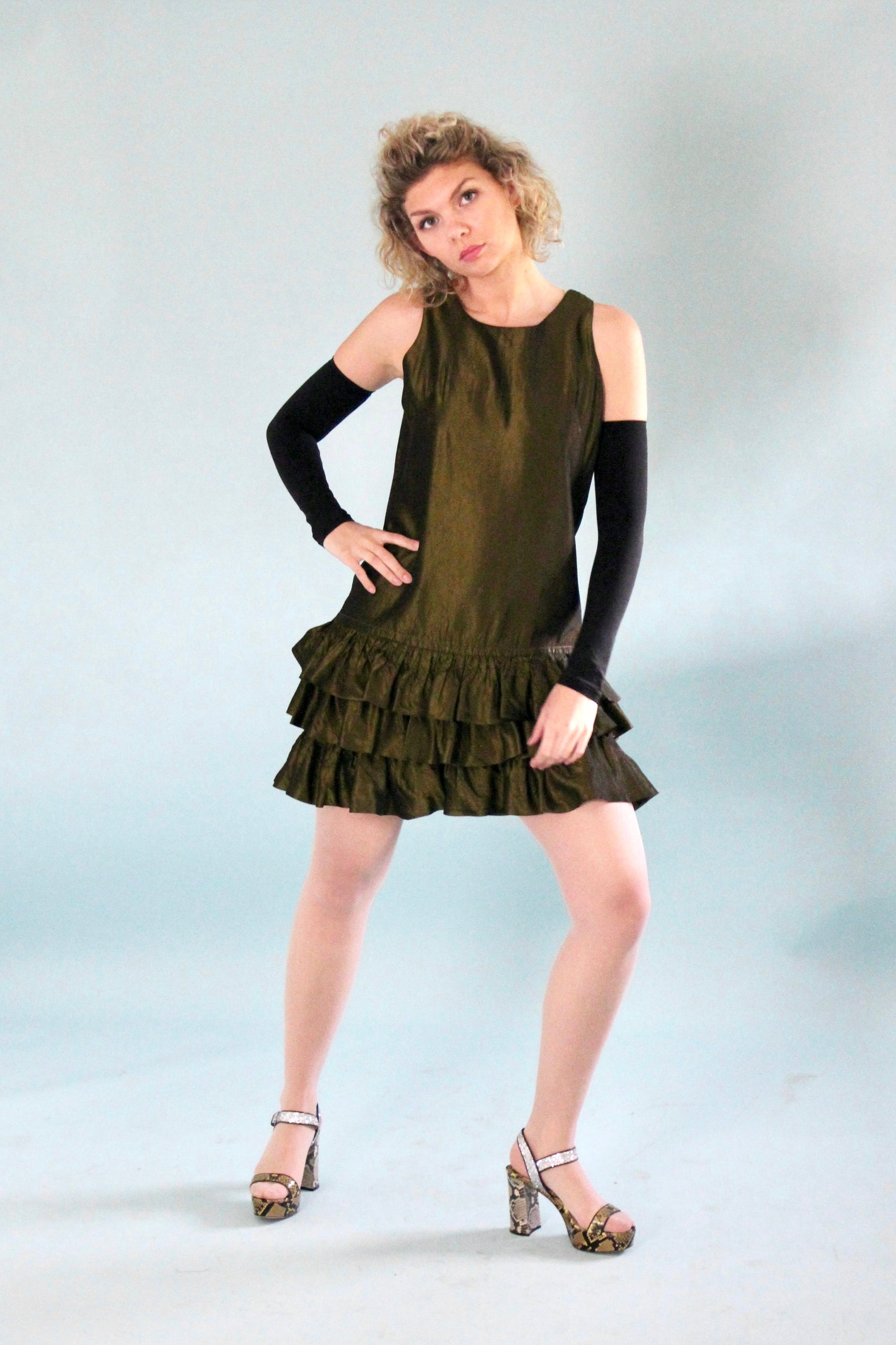 1960s Army Green Mini Dress with Ruffle Skirt // Size M