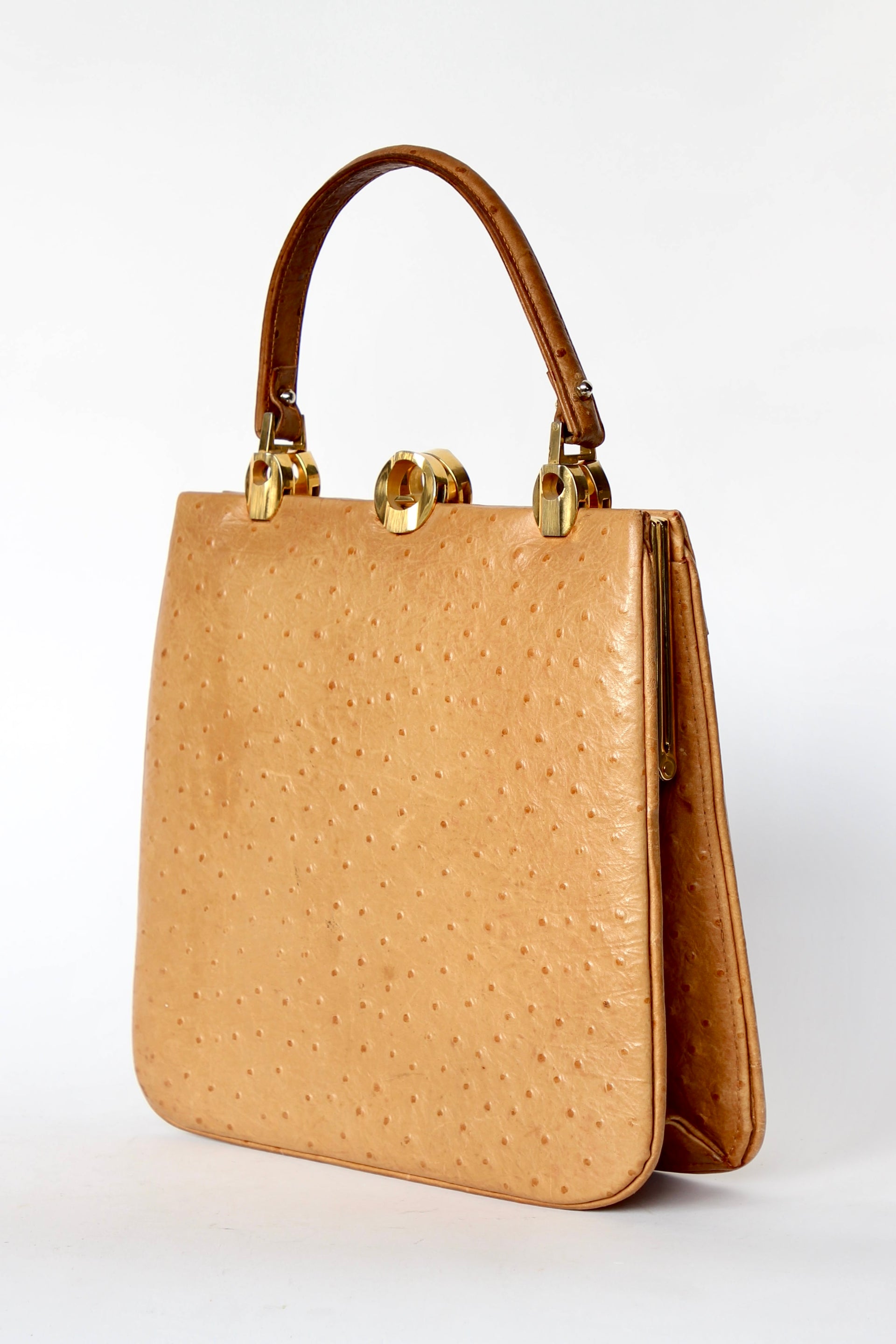 1940s Vintage Brown Ostrich Leather Top Handle Bag/Purse