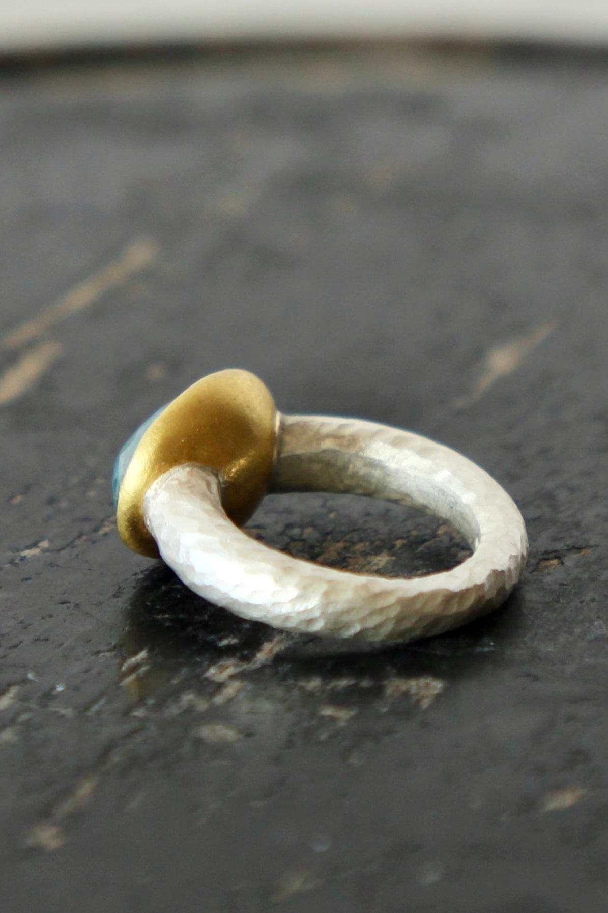 Handmade Aquamarine Ring // Poppy Dandiya // Hammered Sterling Silver // 24K Filled Gold // Size 53
