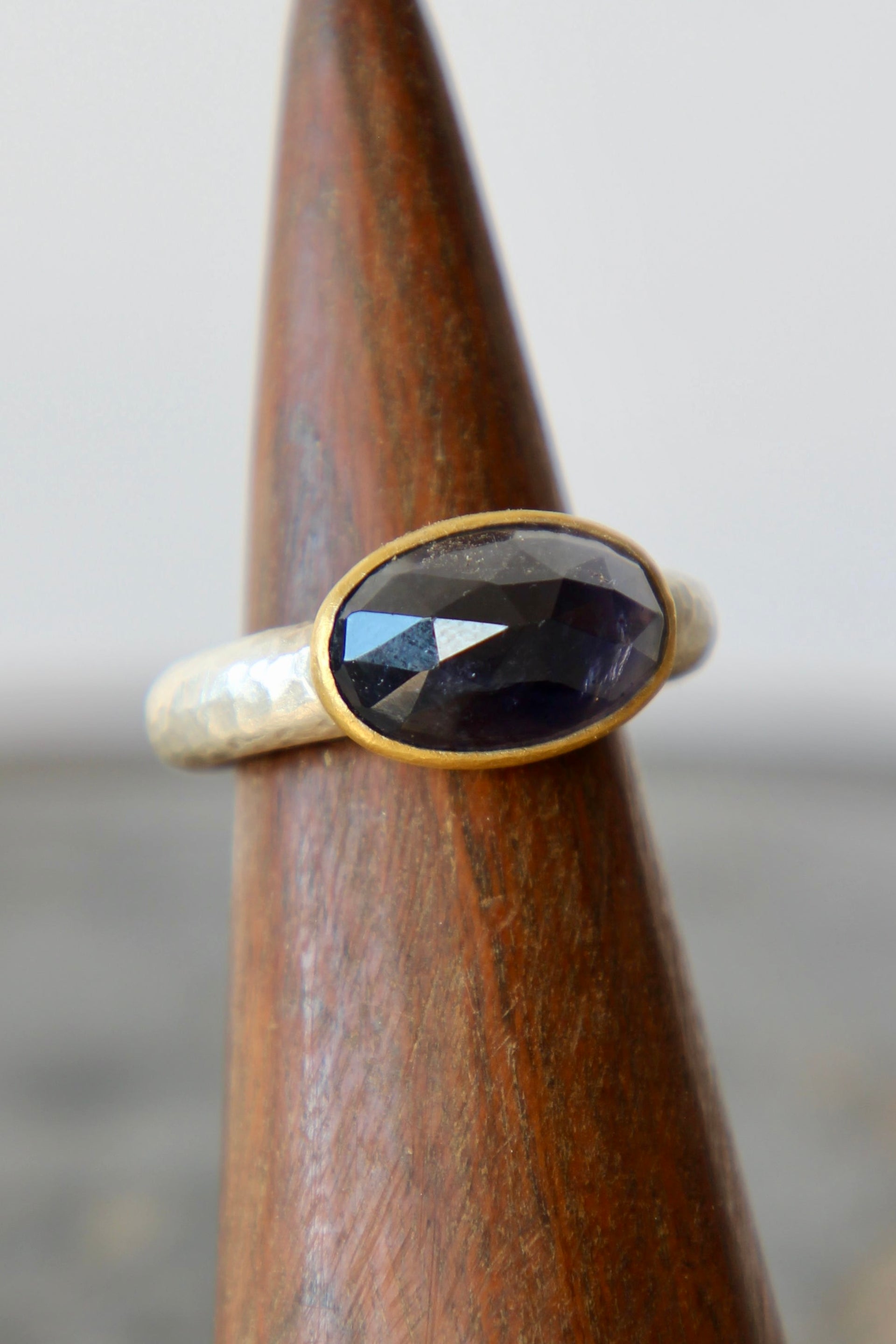 Handmade Iolite Cup Ring // Poppy Dandiya Ring // Hammered Sterling Silver // 24K Filled Gold // Size 55