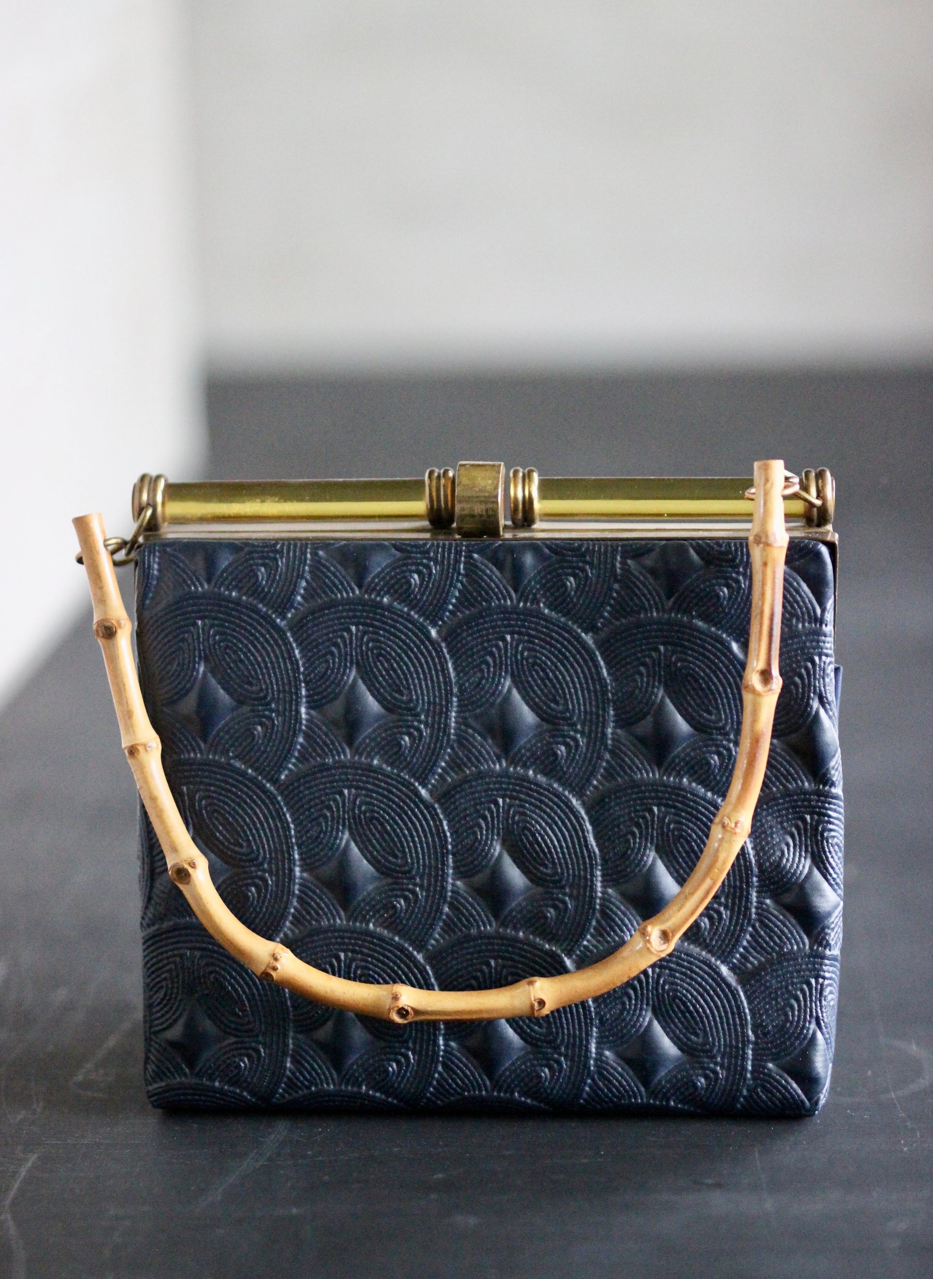 1950s Blue Vinyl Box Bag with Bamboo Handle