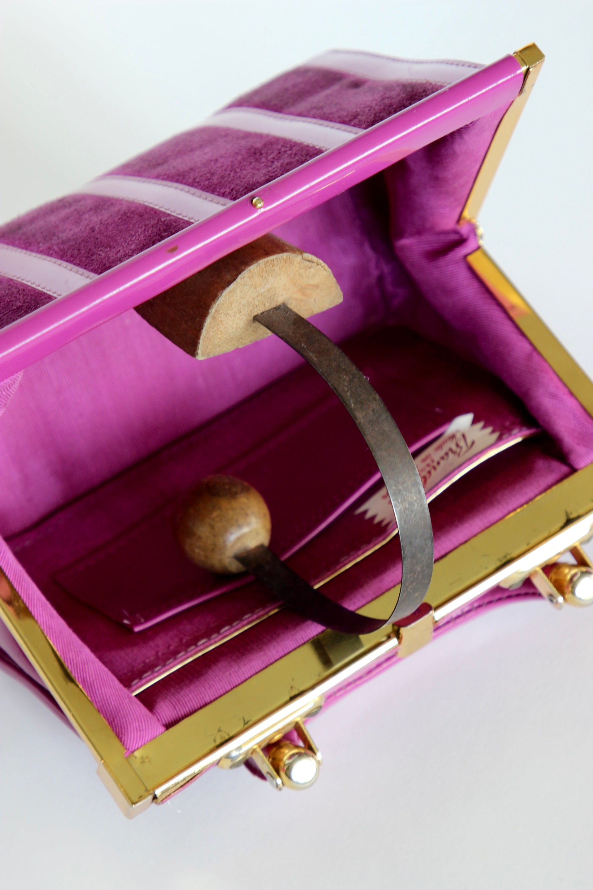 1960s Vintage Purple Sued and Vinyl Top Handle Bag/Purse with Golden Closure.
