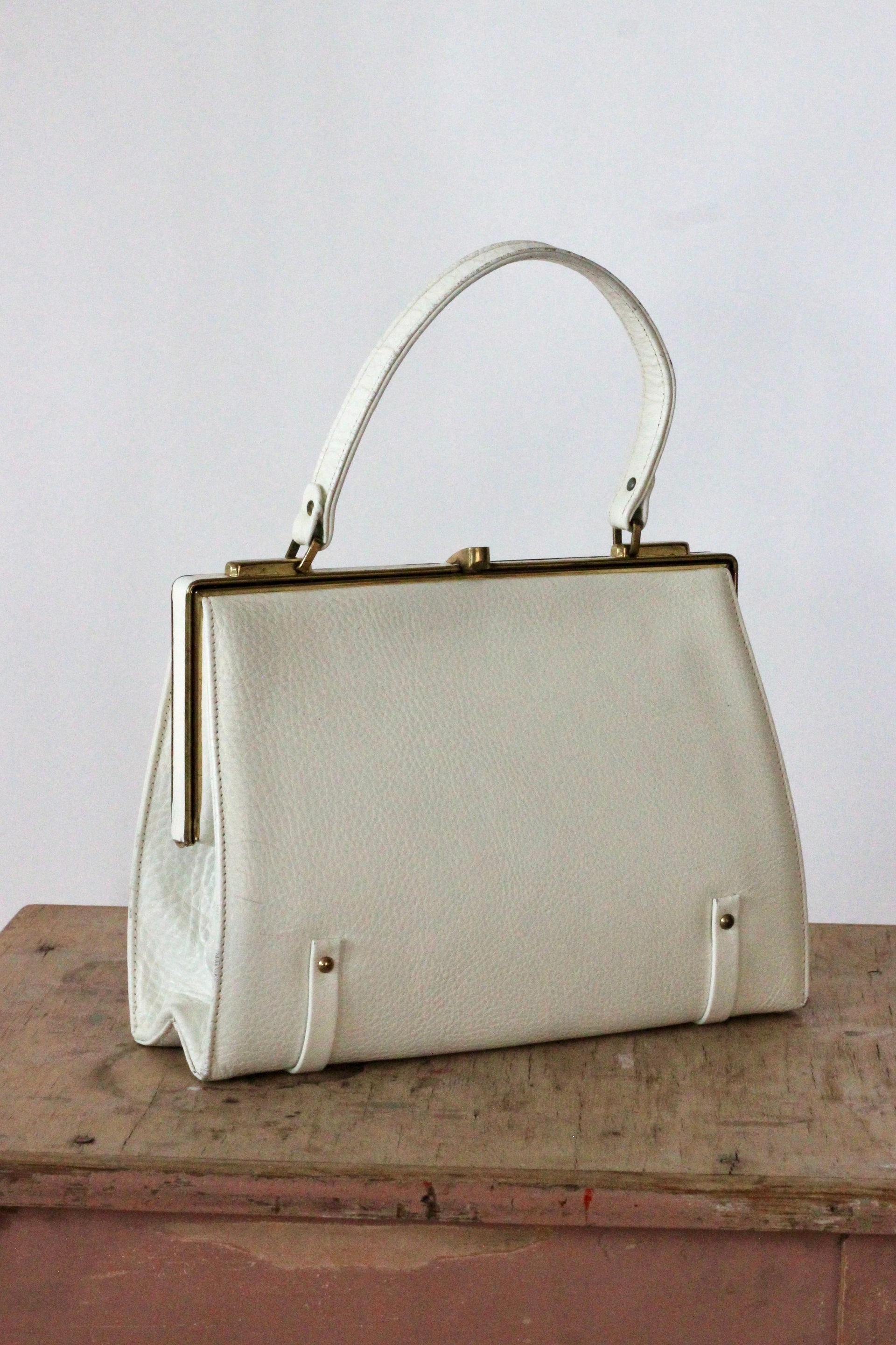 1950s 1960s White Leather Top Handle Bag/Danish Design