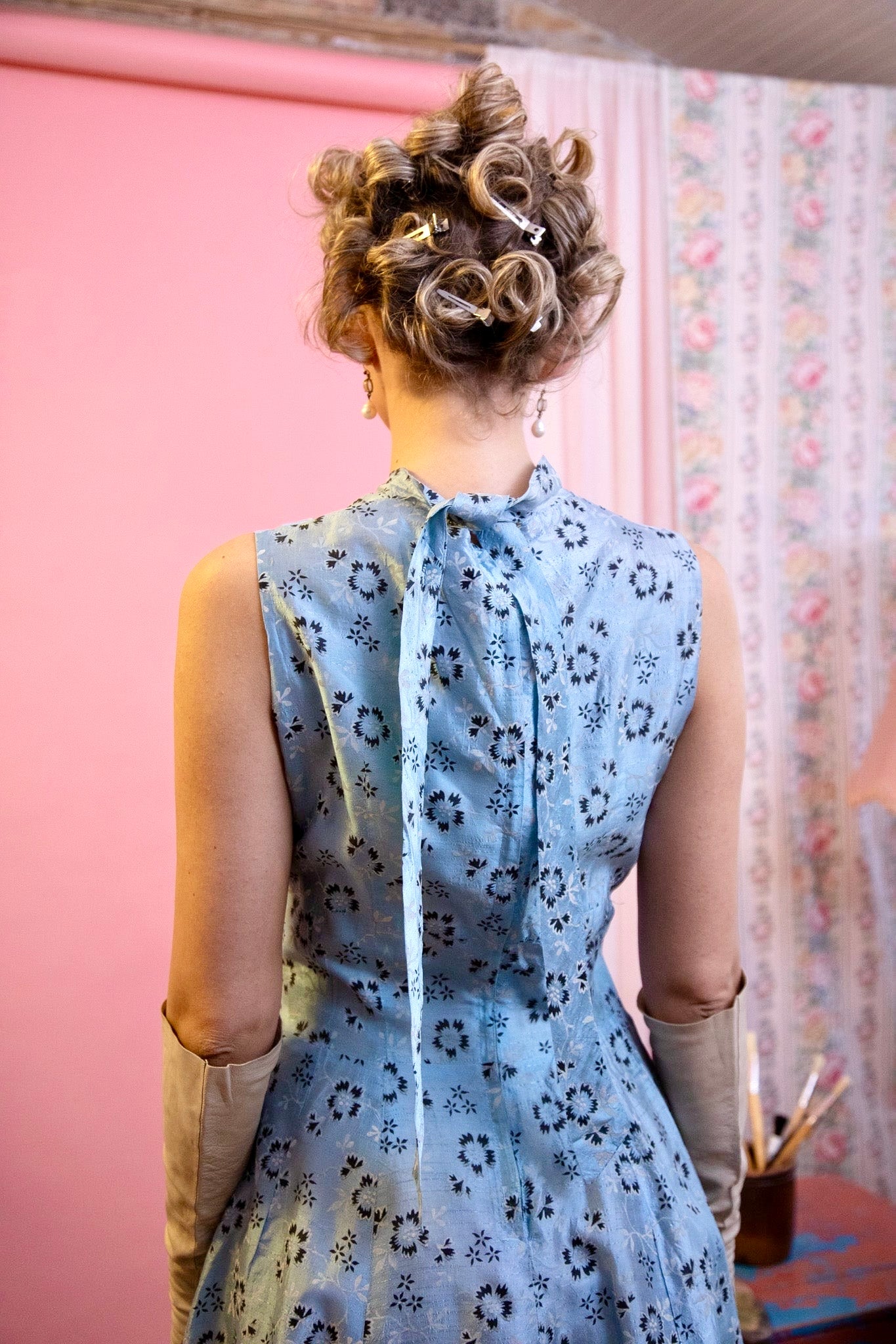 1950s Light Blue Floral Dress//Size S/M