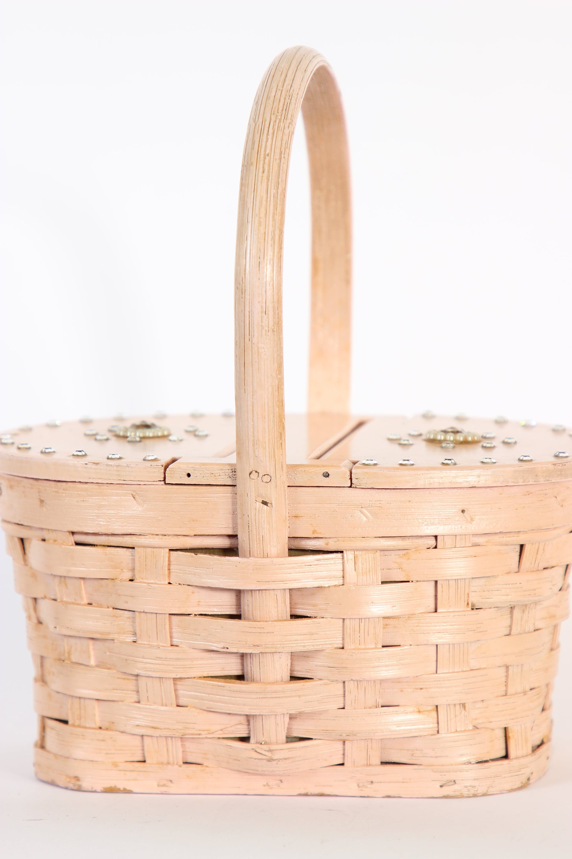 1950s Vintage Rose Woven Wood Basket Bag Purse