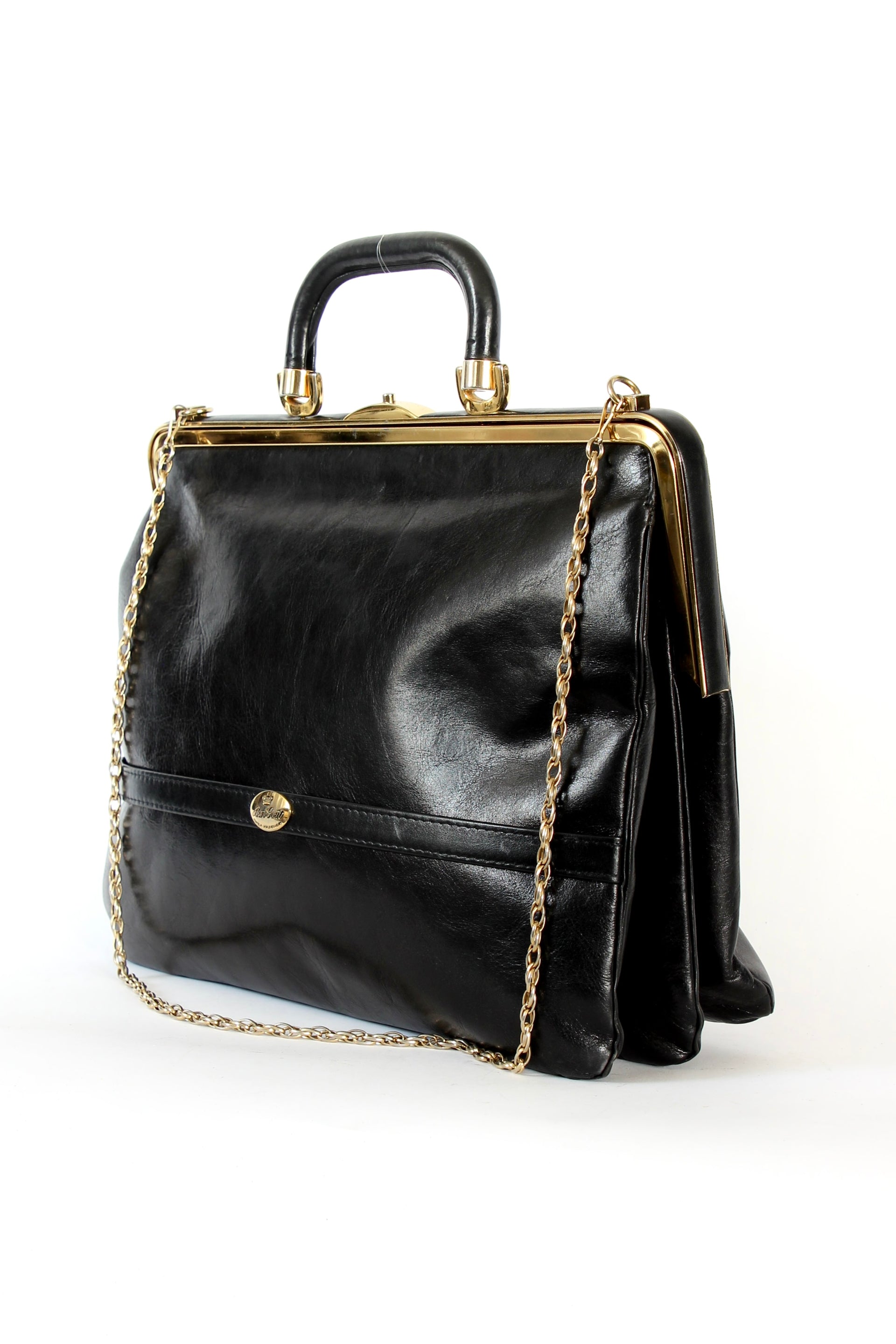 1960s Vintage Bon Goût Black Leather Top Handle Bag