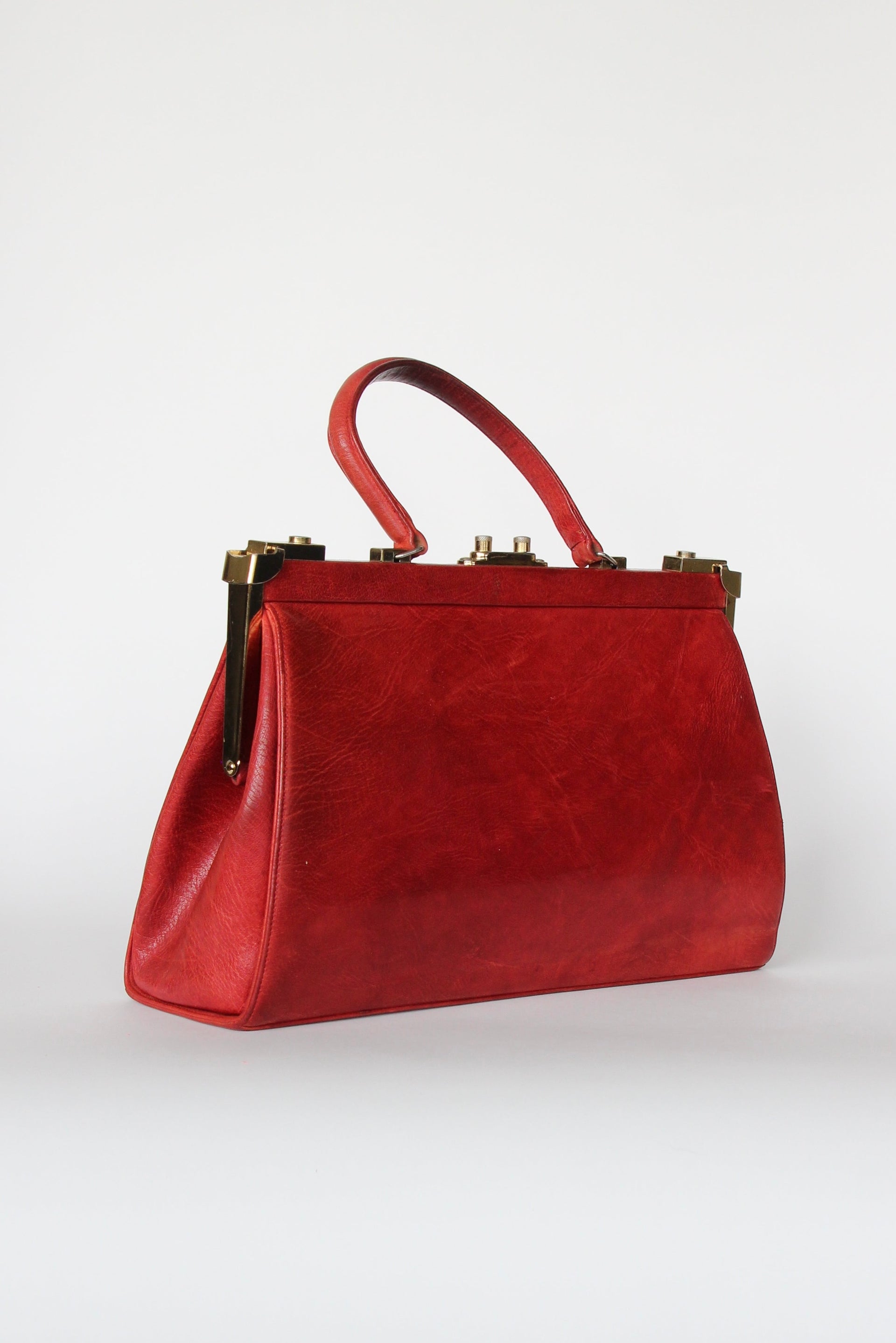 1960s Vintage Large Red Leather Top Handle Bag / Made in France