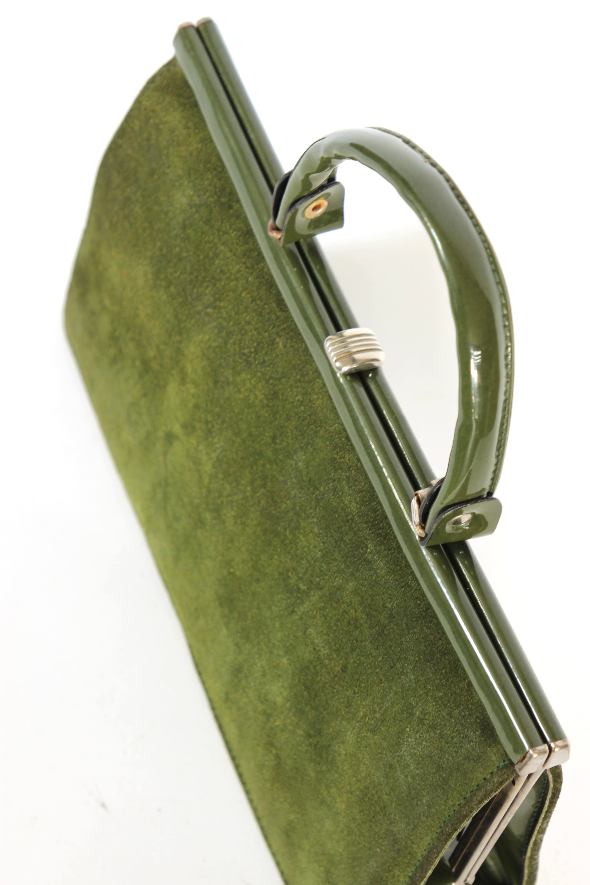 1960s Vintage Green Suede and Vinyl Top Handle Bag