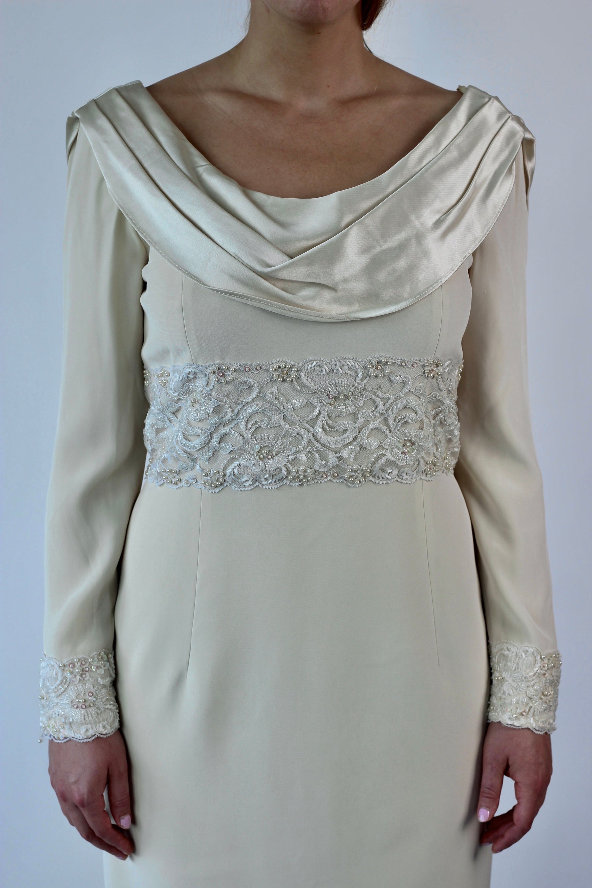 Black Tie Olga Cassini Classic Cream Long Bridal Sheath with Shawl Collar//Beaded Sequins Band//Column//Size M