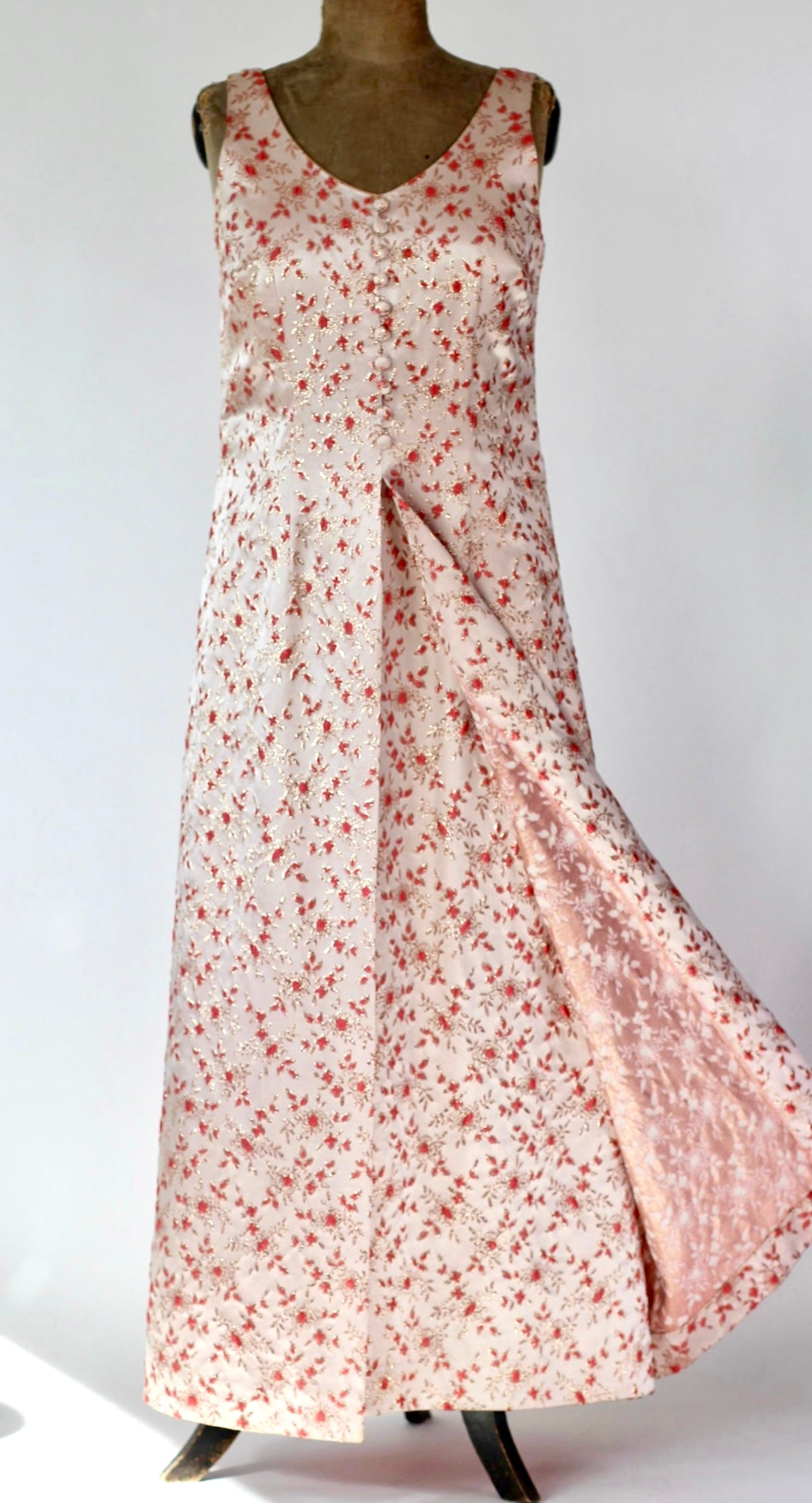 1950s 1960s Pink Brocade Maxi Dress//Size L