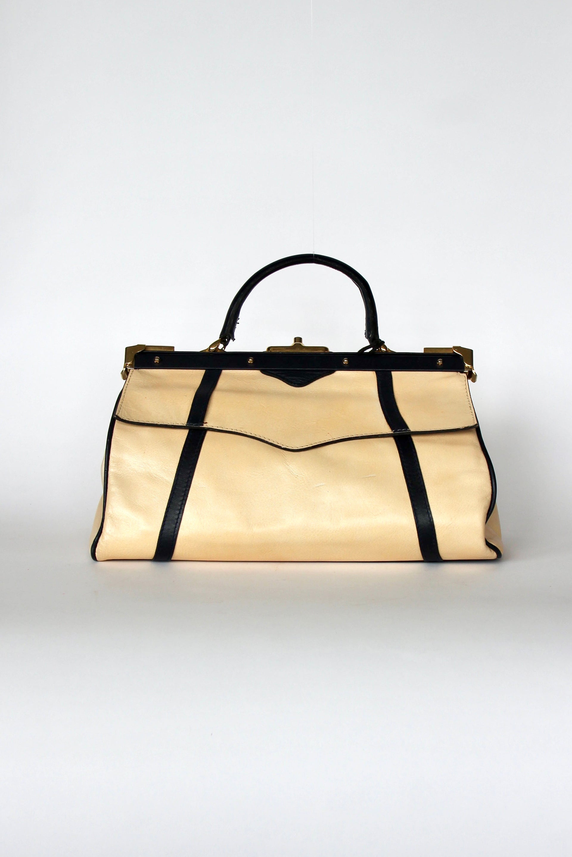 1950S 1960s Beige/Ivory Leather Top Handle Bag // Midwife Style Bag