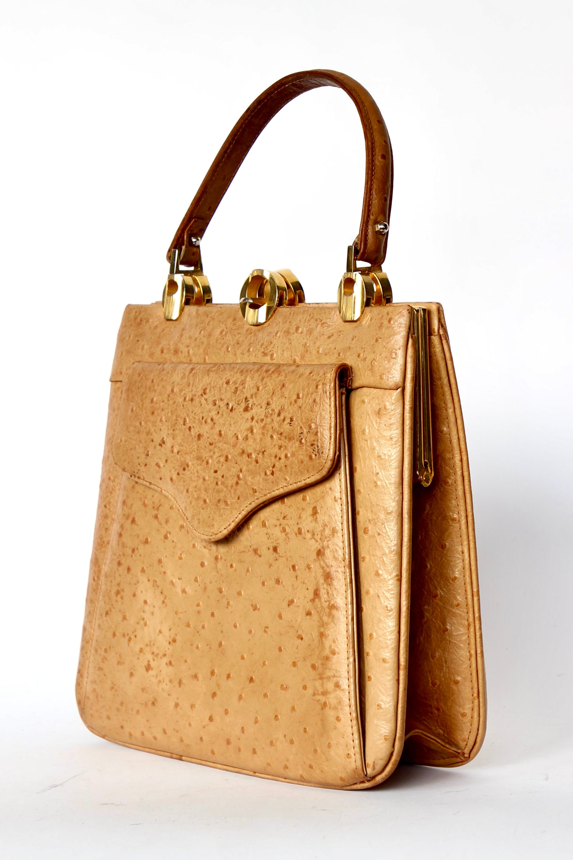 1940s Vintage Brown Ostrich Leather Top Handle Bag/Purse
