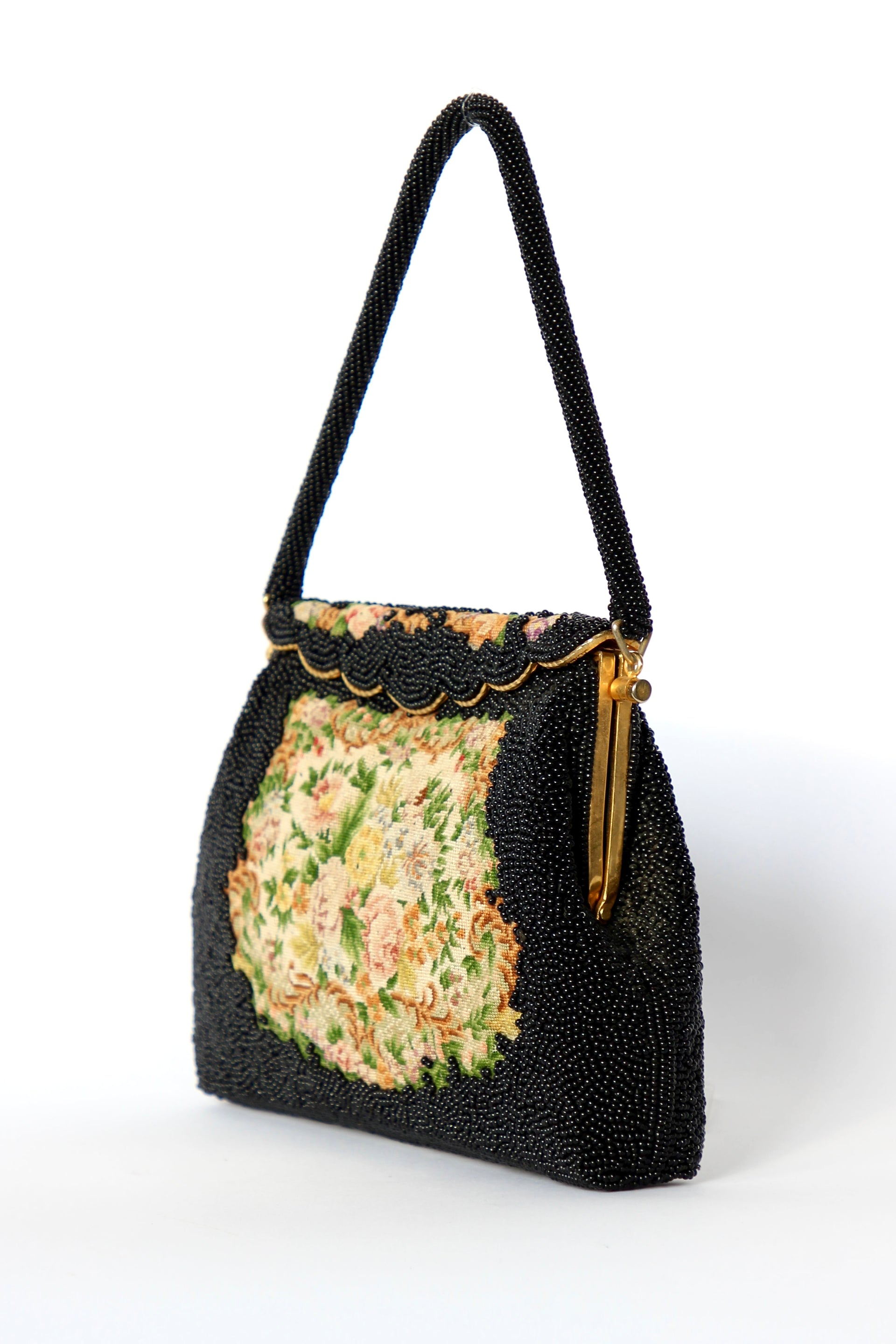1940s 1950s Vintage Black Beaded & Floral Petit Point Evening Bag