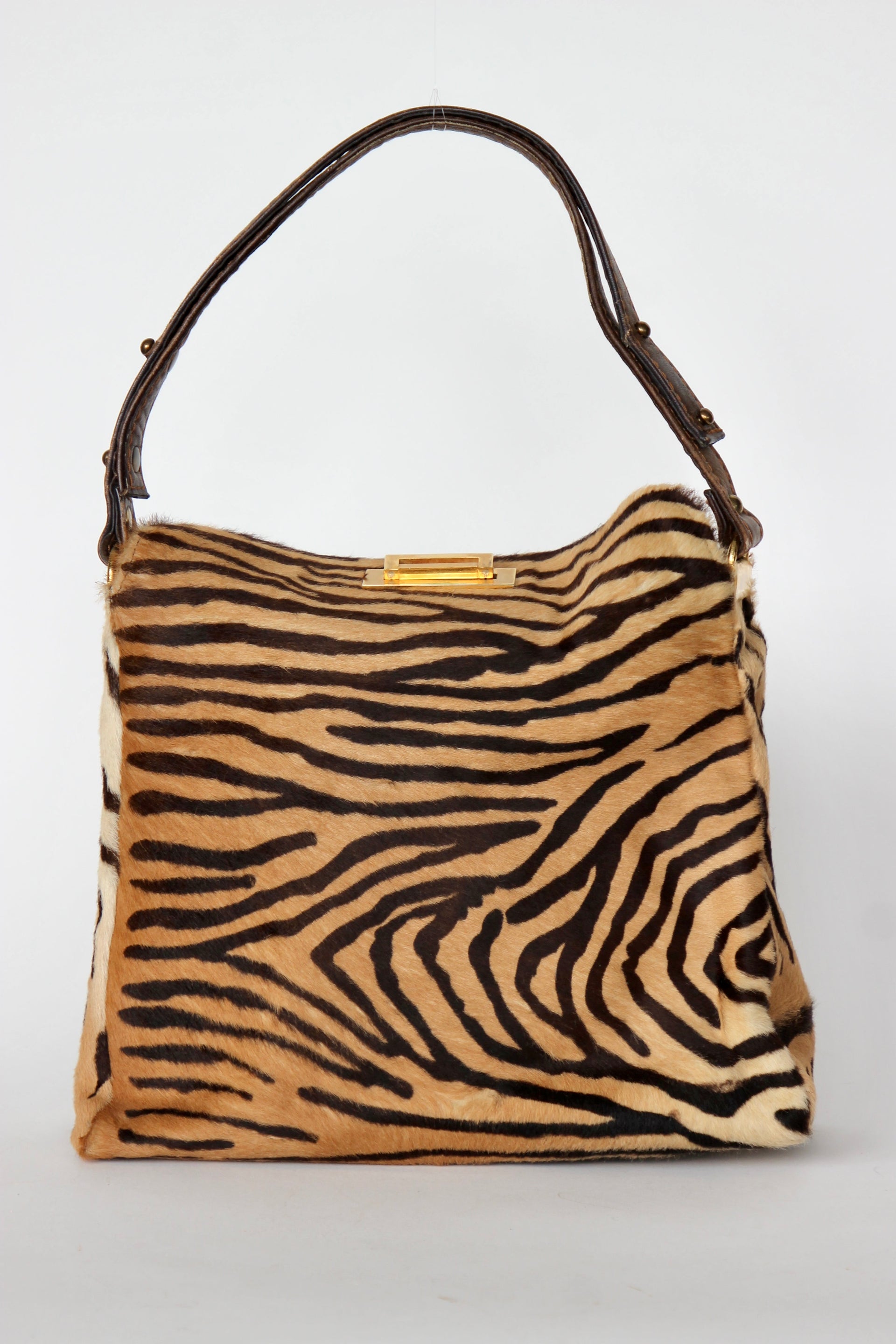 1960s Brown Fur Top Handle Bag with Tiger Pattern // Danish Design