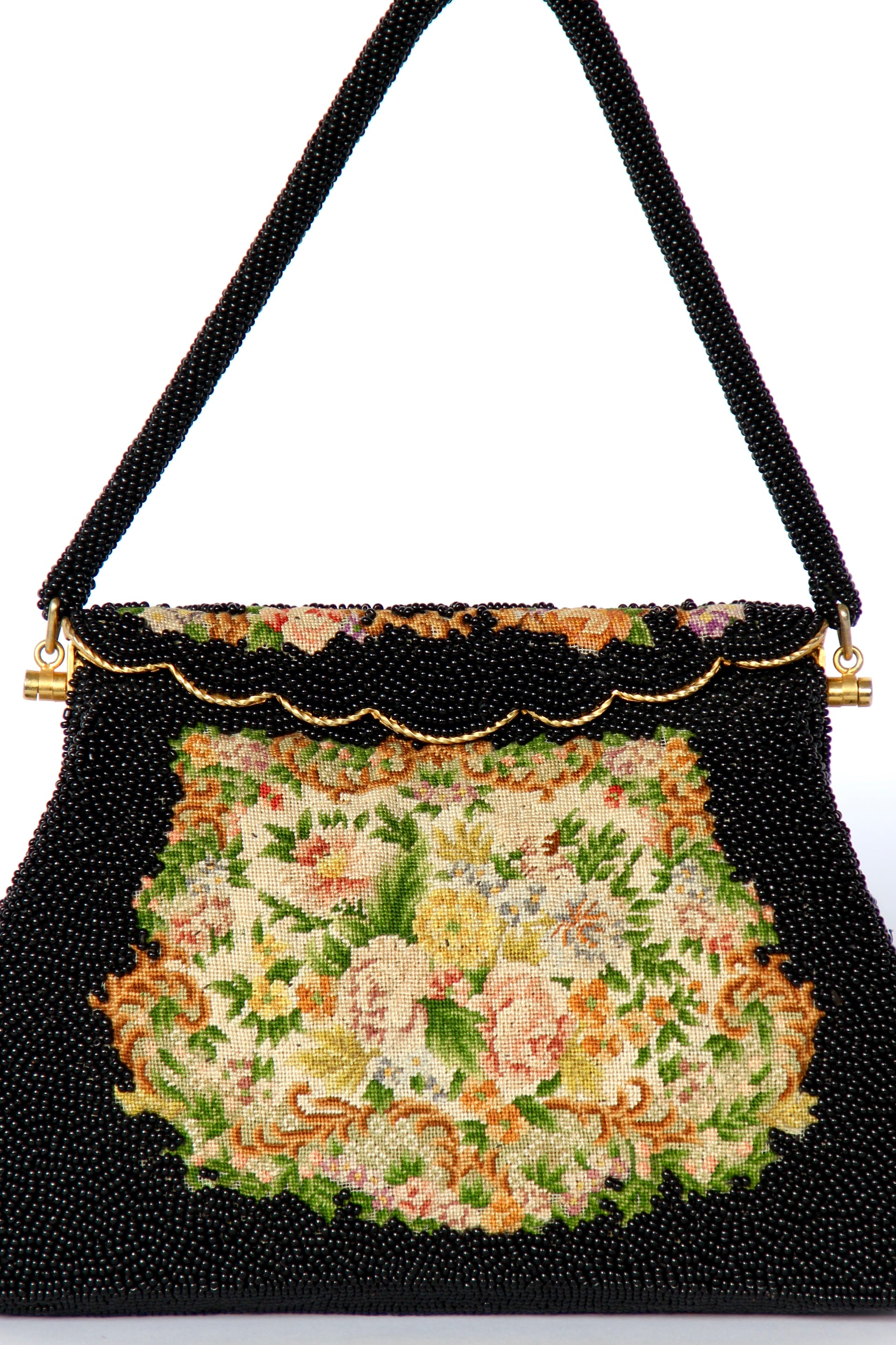 1940s 1950s Vintage Black Beaded & Floral Petit Point Evening Bag