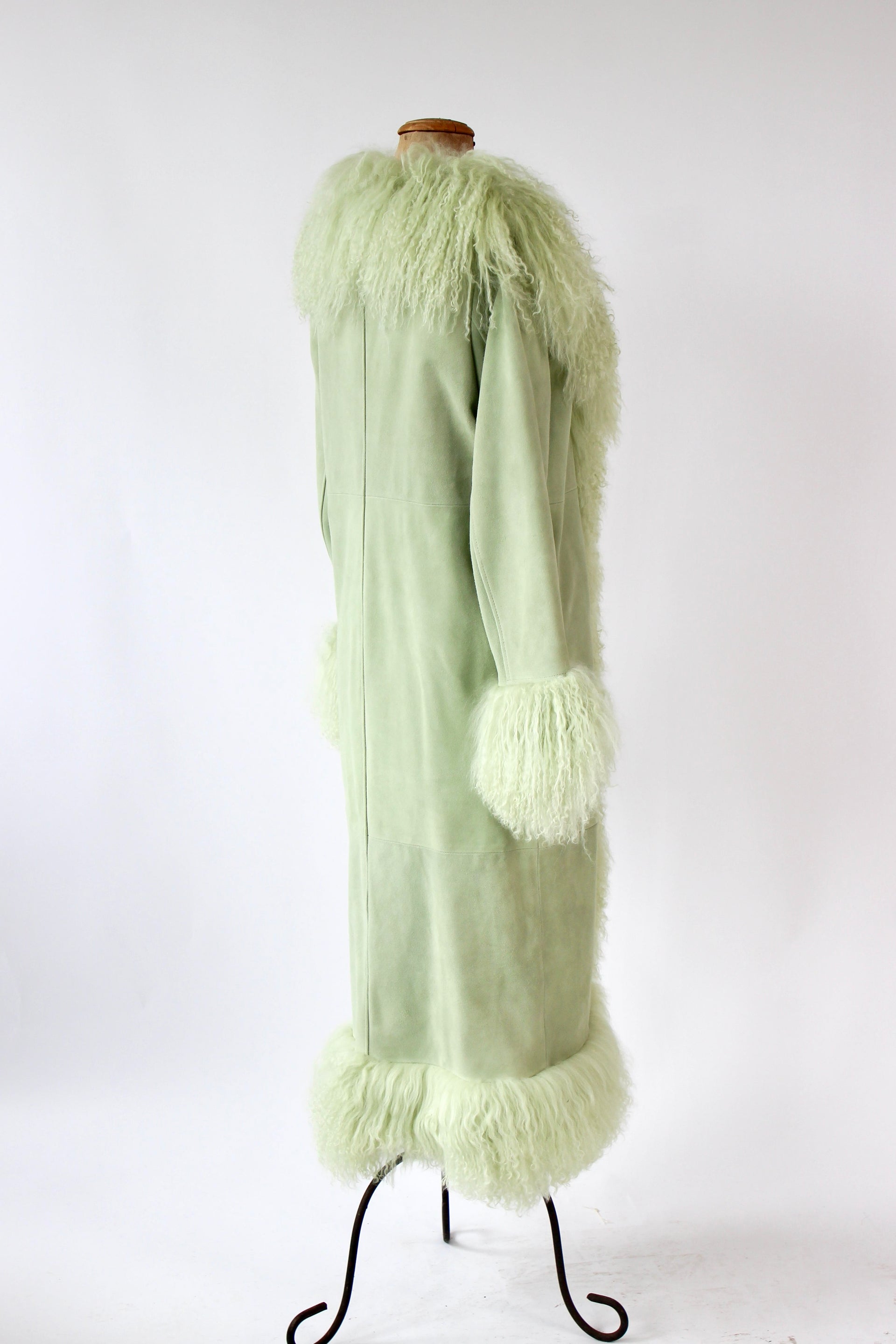 Mint Green Suede Leather Coat with Mongolian Sheep Fur