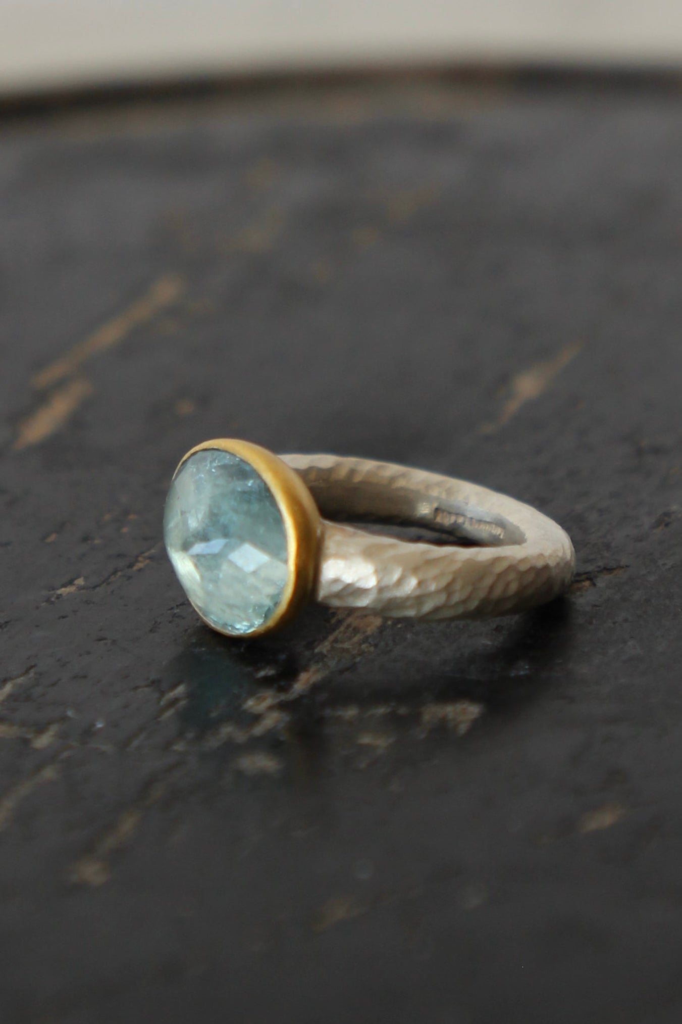 Handmade Aquamarine Ring // Poppy Dandiya // Hammered Sterling Silver // 24K Filled Gold // Size 53
