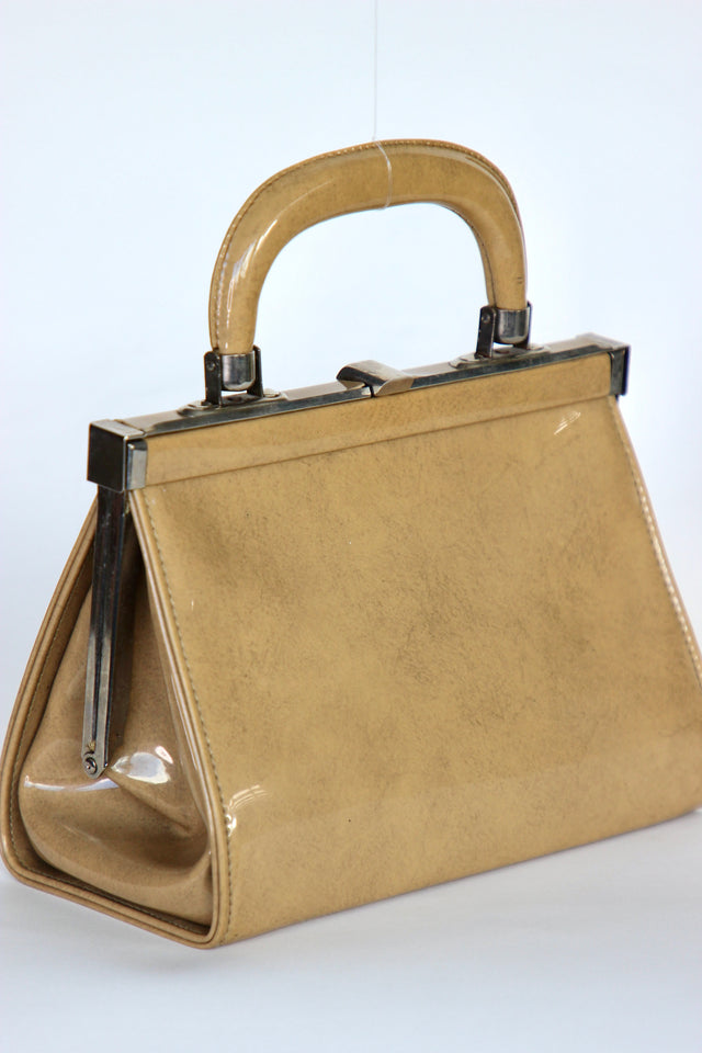 1960s Vintage Beige/Camel Vinyl Top Handle Bag/Purse with Silver Closure.
