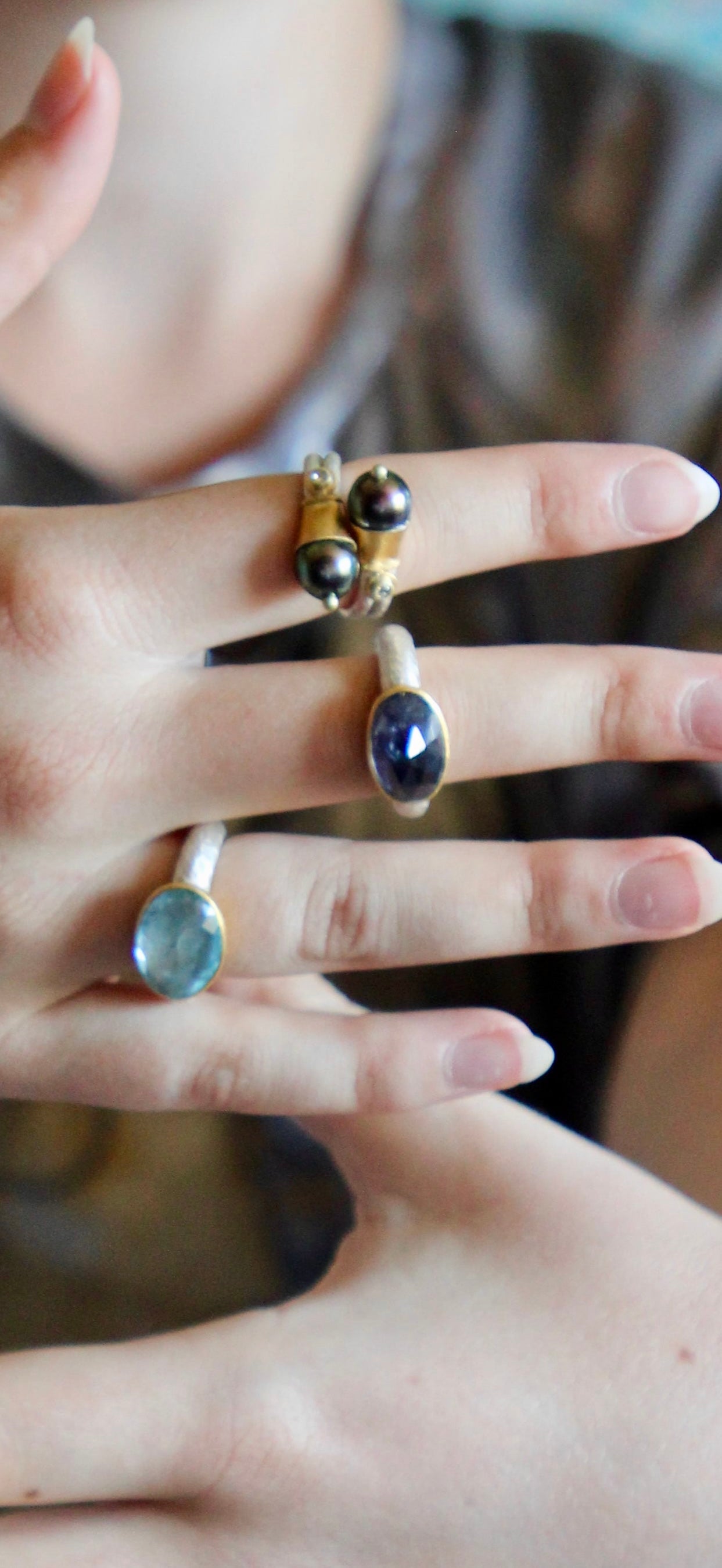 Handmade Iolite Cup Ring // Poppy Dandiya Ring // Hammered Sterling Silver // 24K Filled Gold // Size 55