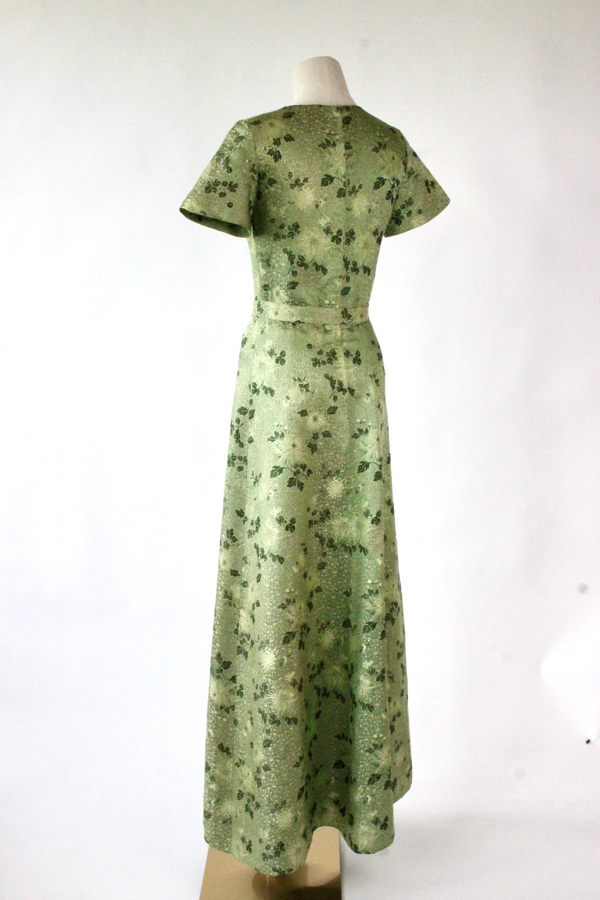 1950s 1960s Green/Gold Evening Gown with Chinese Inspired Pattern//Size XS/S
