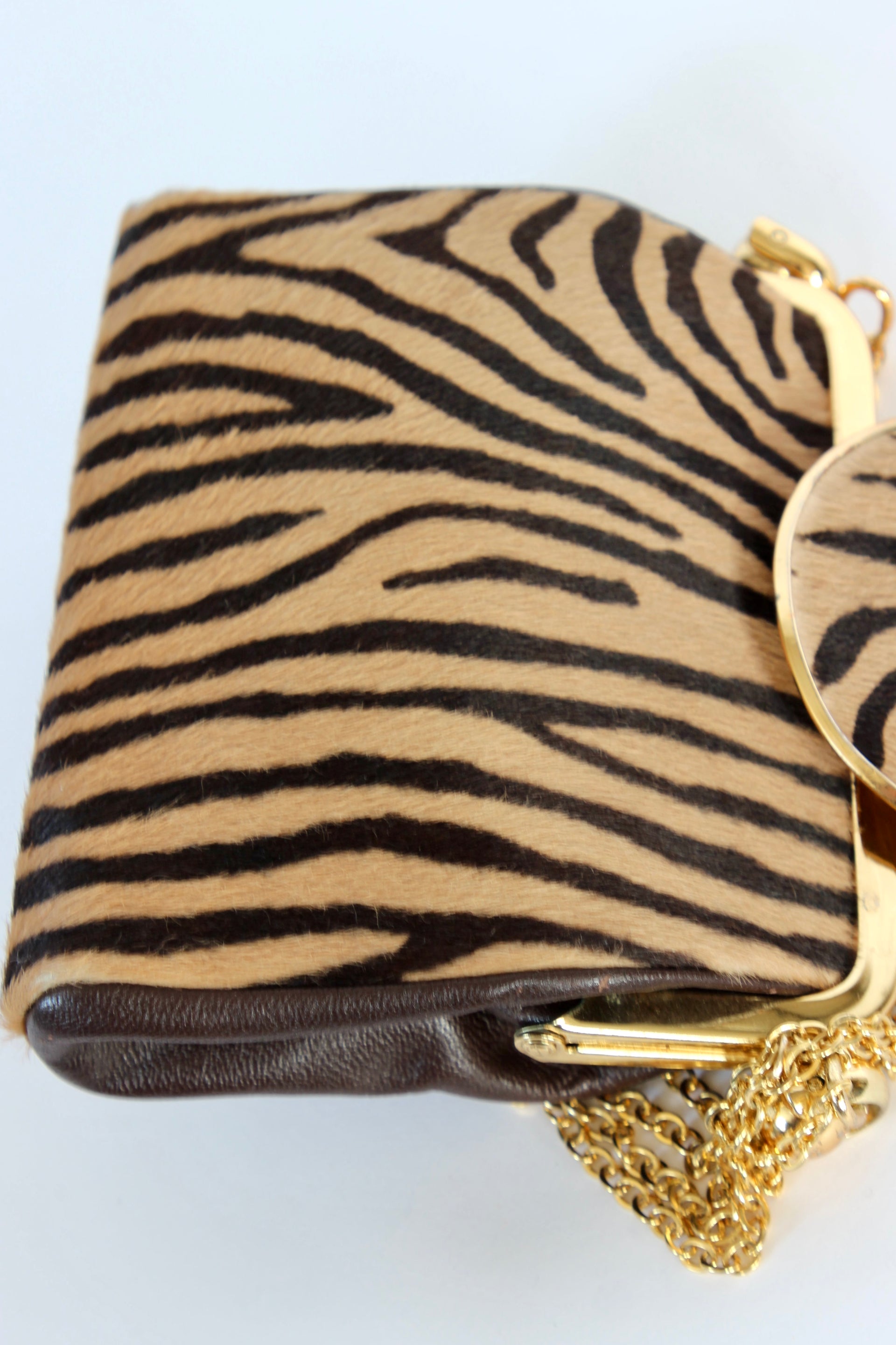 1960s Vintage Shoulder Bag with Zebra Pattern Fur and Brown Leather