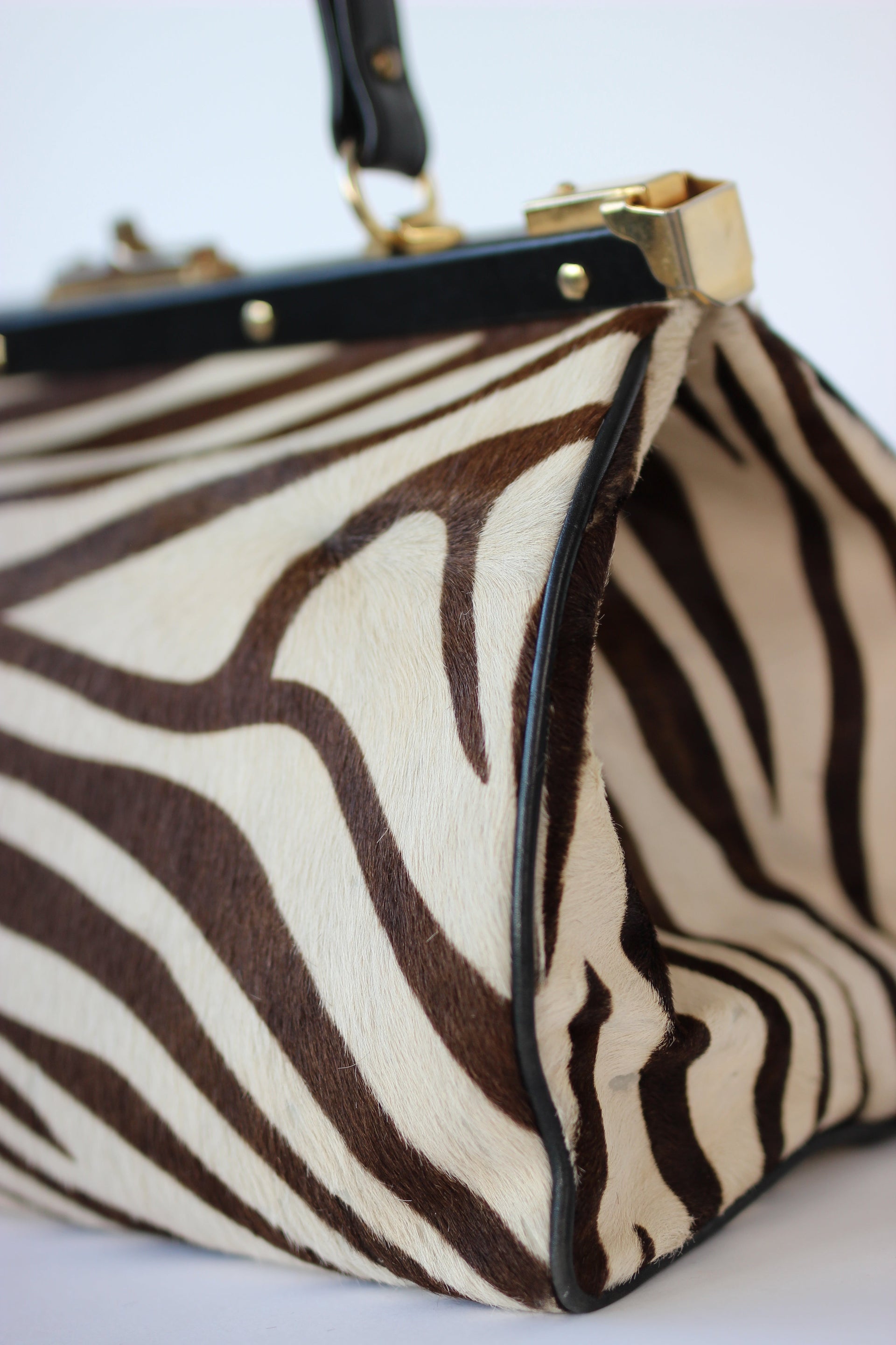 1950S 1960s Black Leather Top Handle Bag with Zebra Pattern Fur//Danish Design