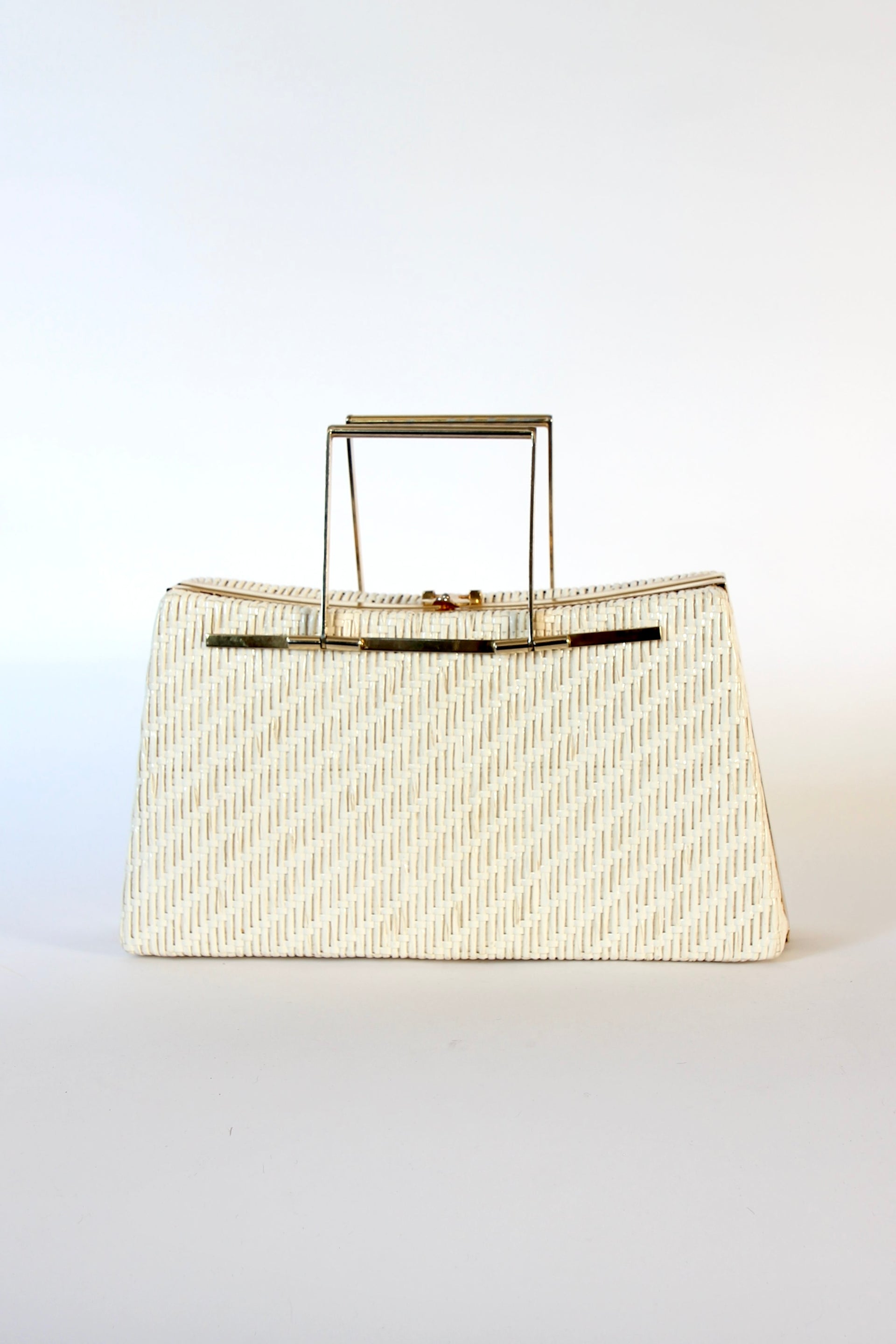 1960s Ivory Straw Top Handle Bag / Purse