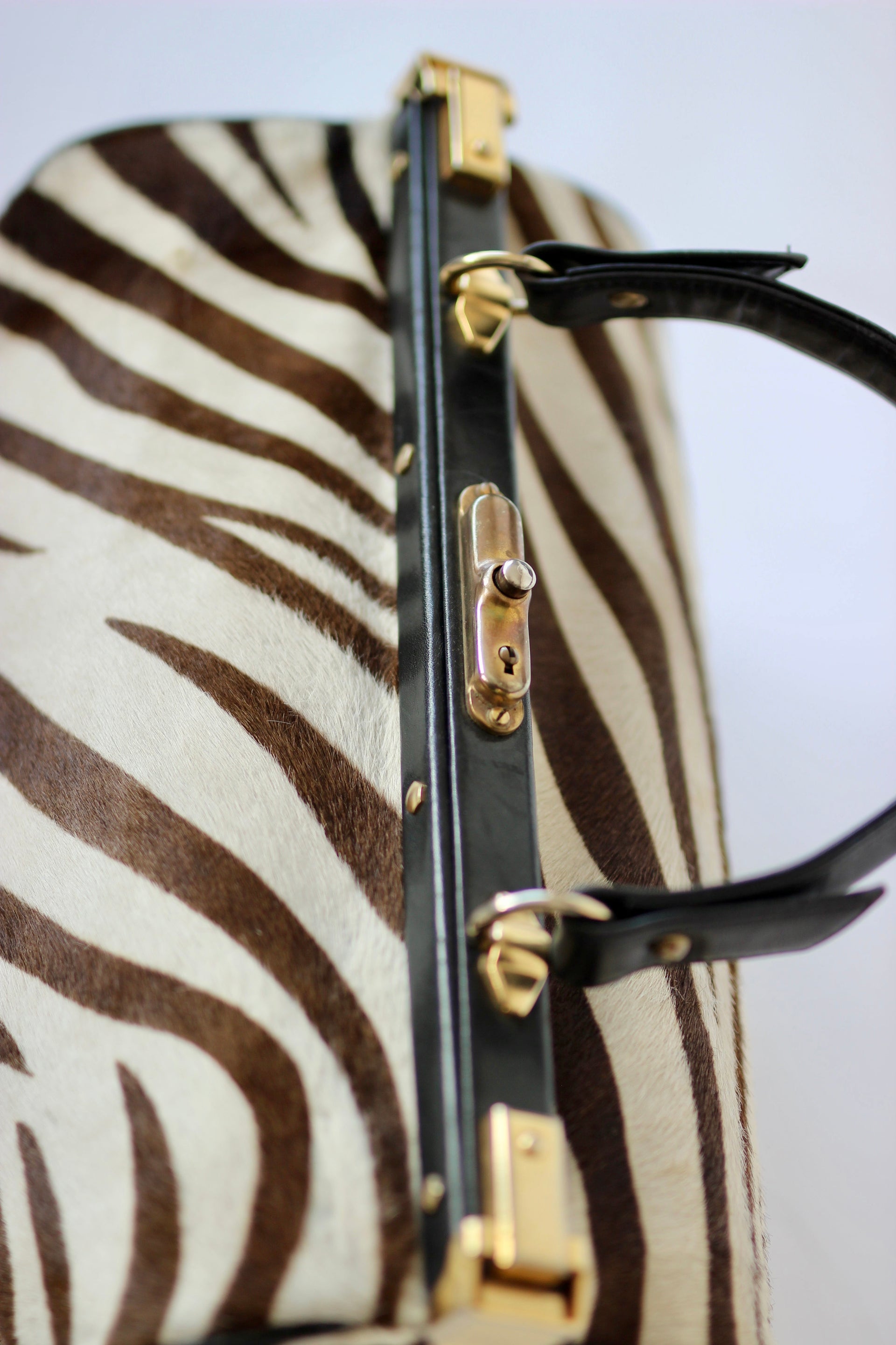 1950S 1960s Black Leather Top Handle Bag with Zebra Pattern Fur//Danish Design