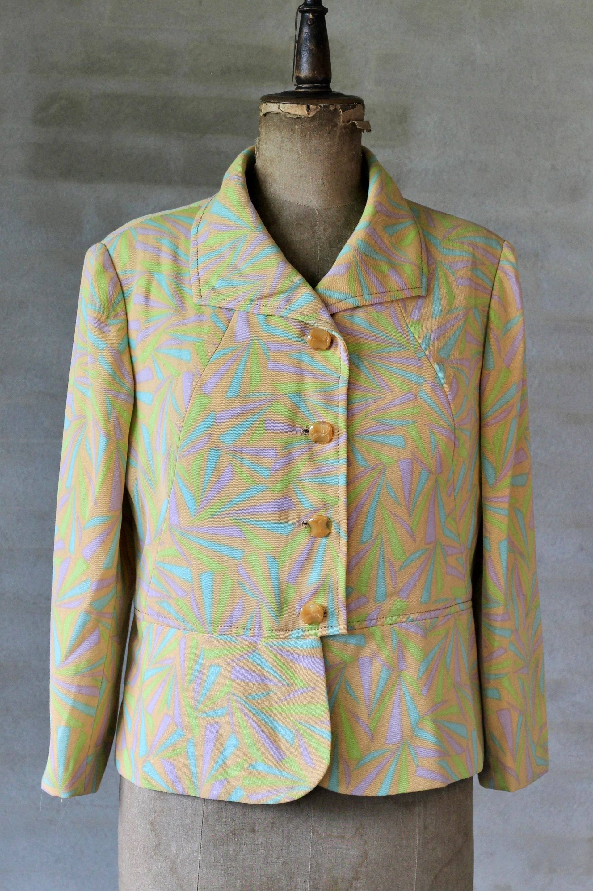 1960s 1970s Peplum Jacket/Psychedelic Yellow/Size L.