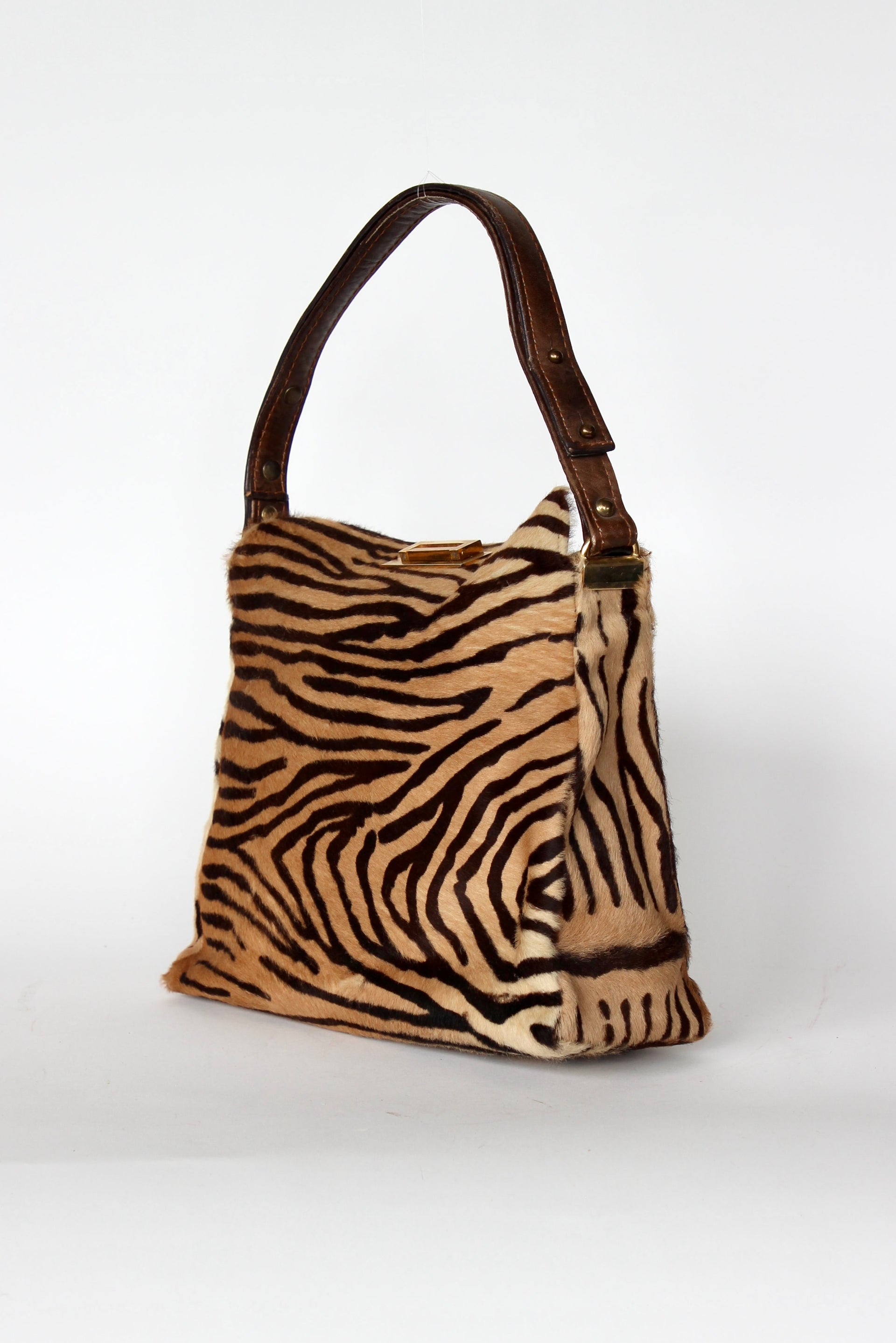 1960s Brown Fur Top Handle Bag with Tiger Pattern // Danish Design