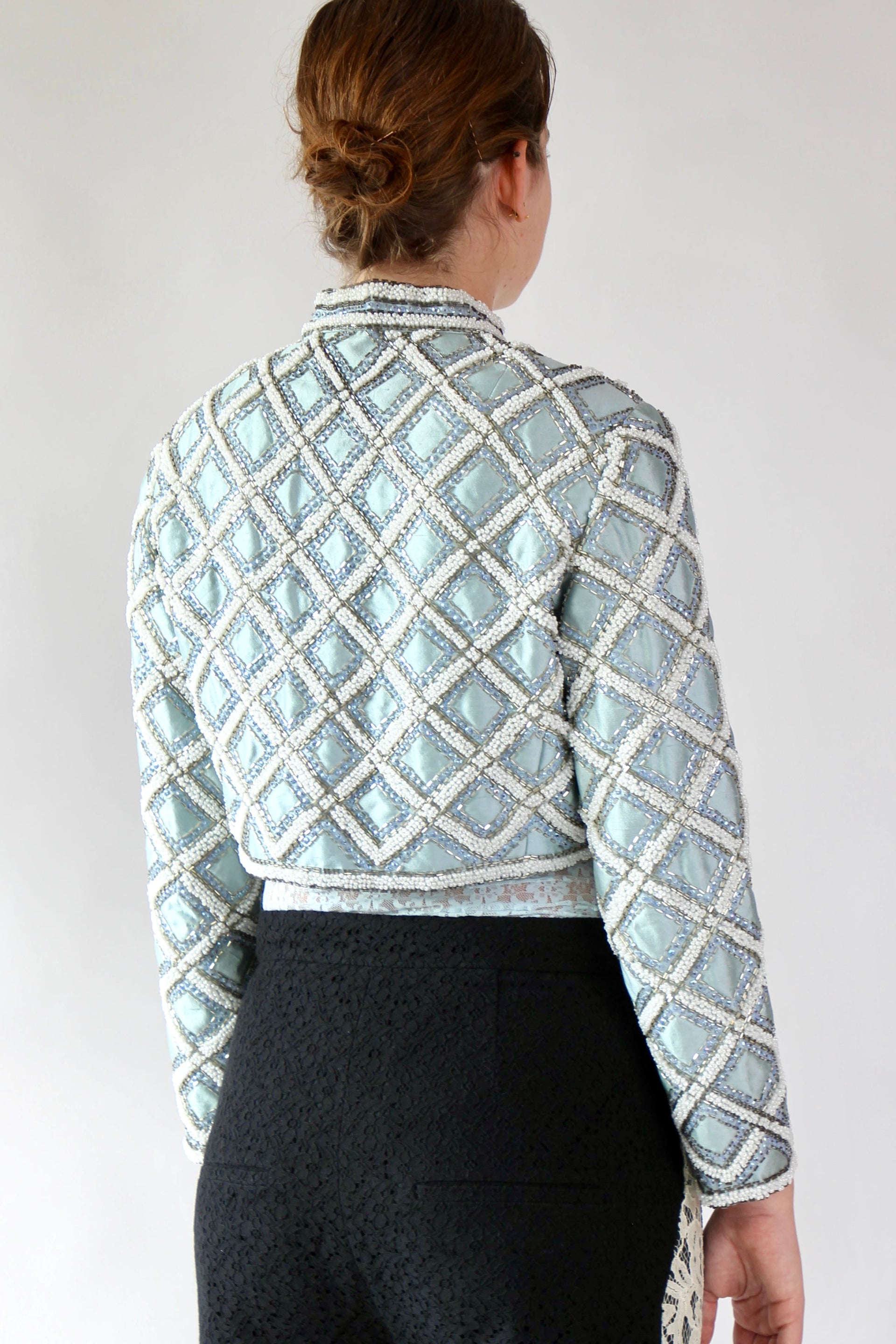 1950s 1960s Vintage Ice Blue Beaded Cropped Jacket/Bolero // Size S/M