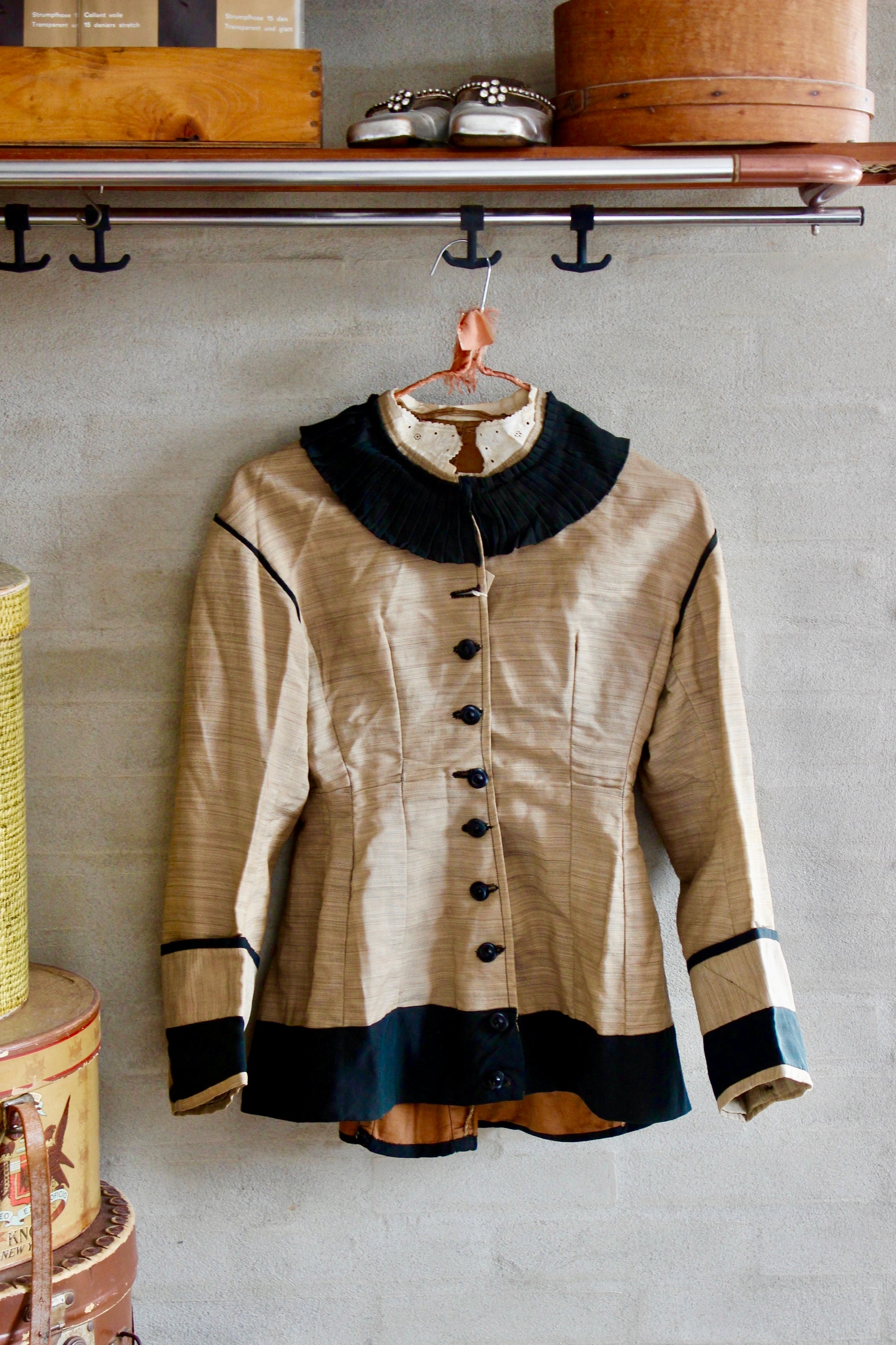 1879s Antique Victorian Beige Jacket with Black Collar and Cuffs Owned by Karin Strandberg, Sweden.
