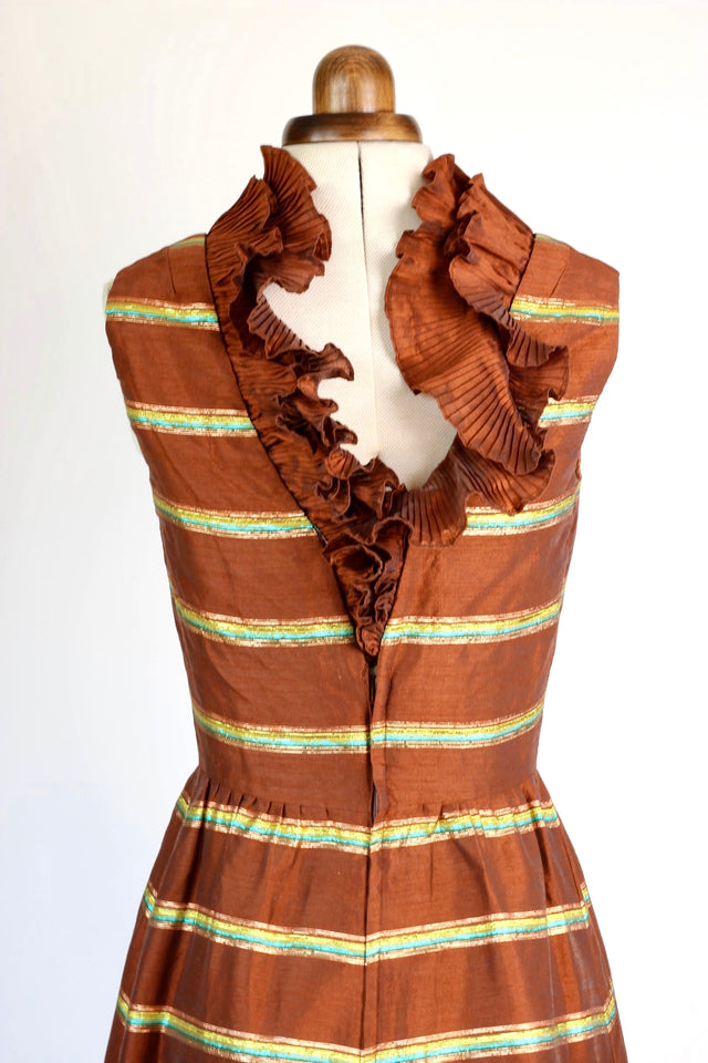 1960s Dress in Brown with Metal Threads//Made in London//Size XS