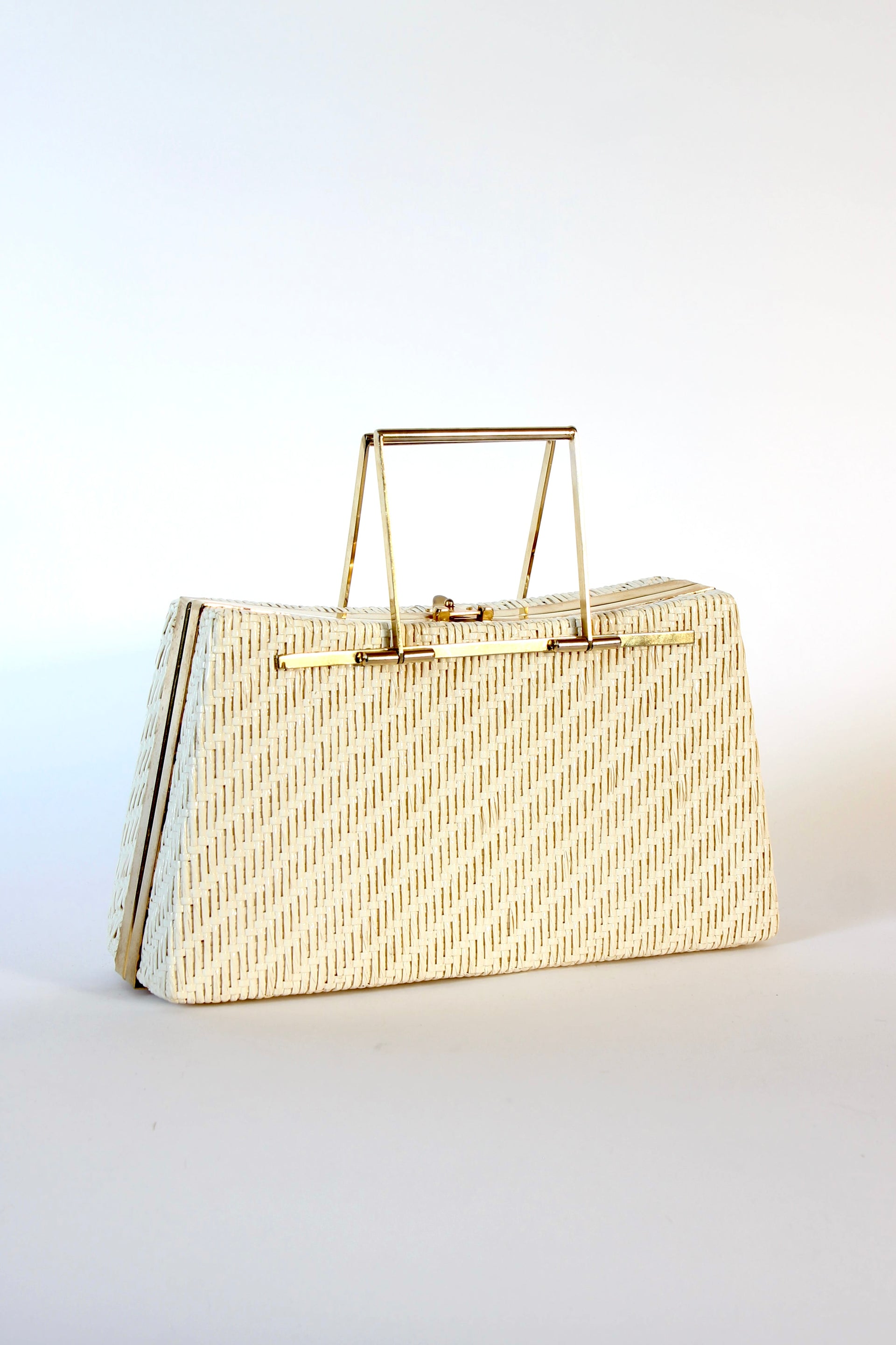 1960s Ivory Straw Top Handle Bag / Purse