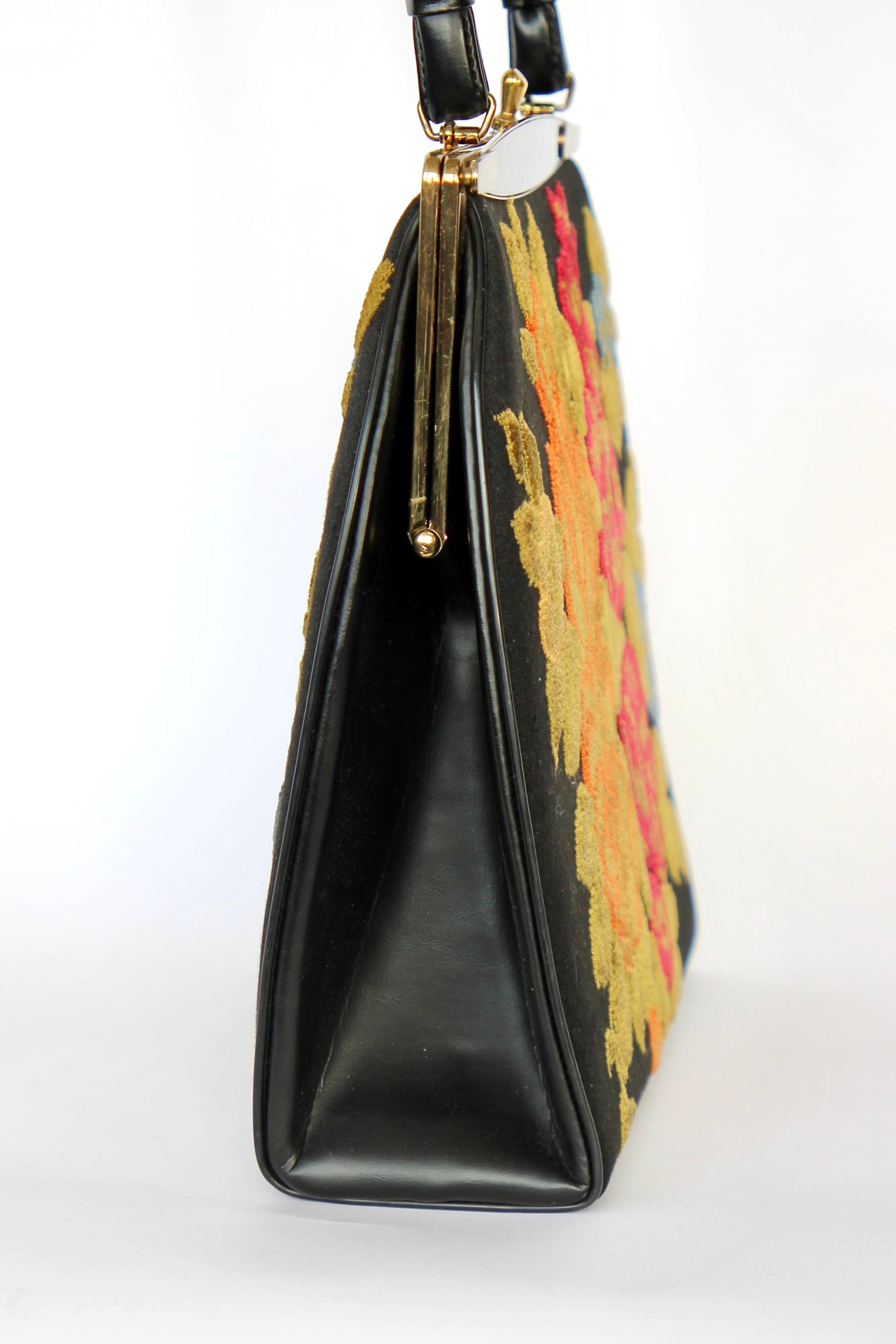 1940s 1950s Vintage Large Black Embroidered Top Handle Bag