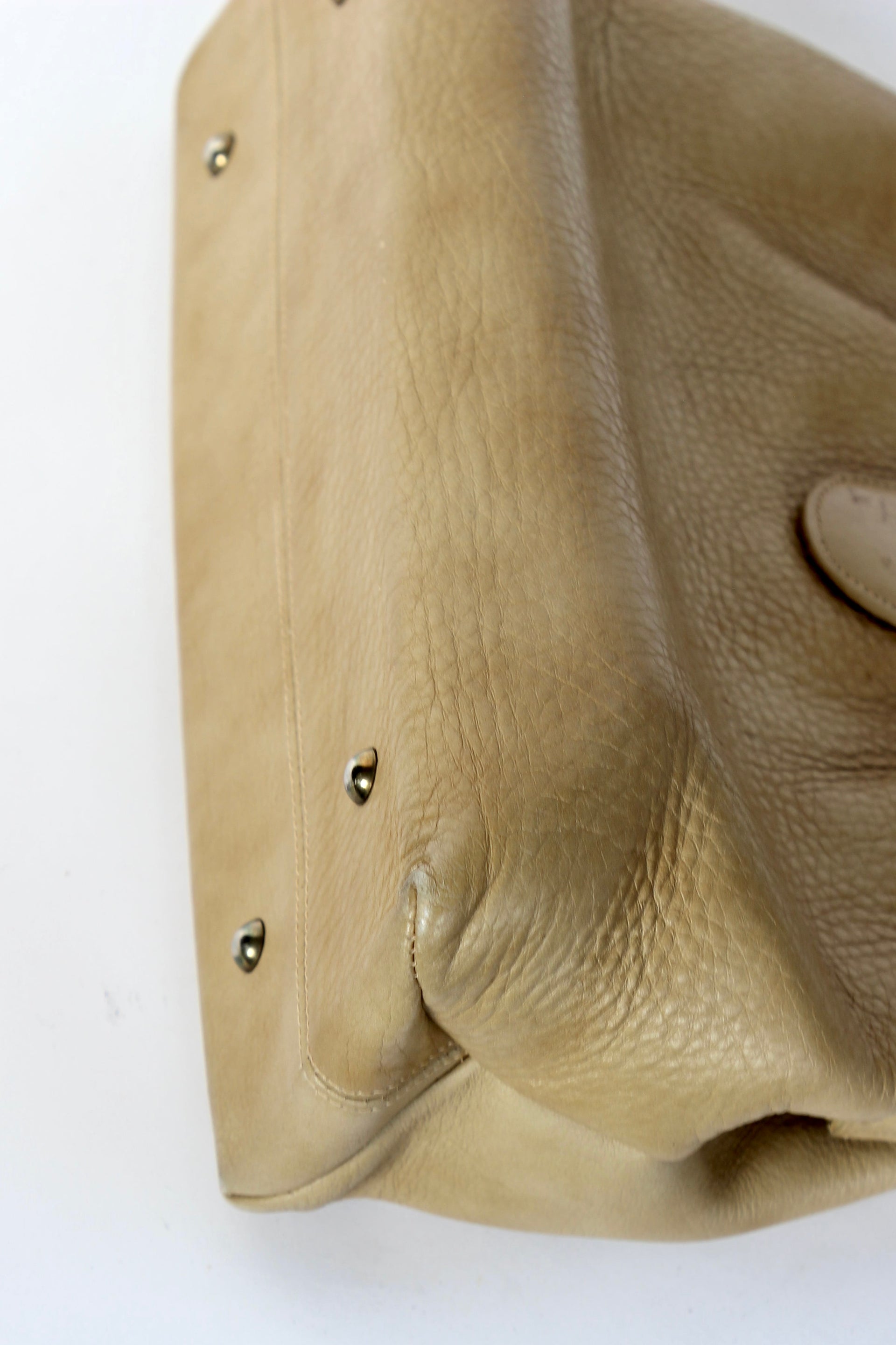 1960s Vintage Beige Leather Top Handle Bag with Green Leather Linen