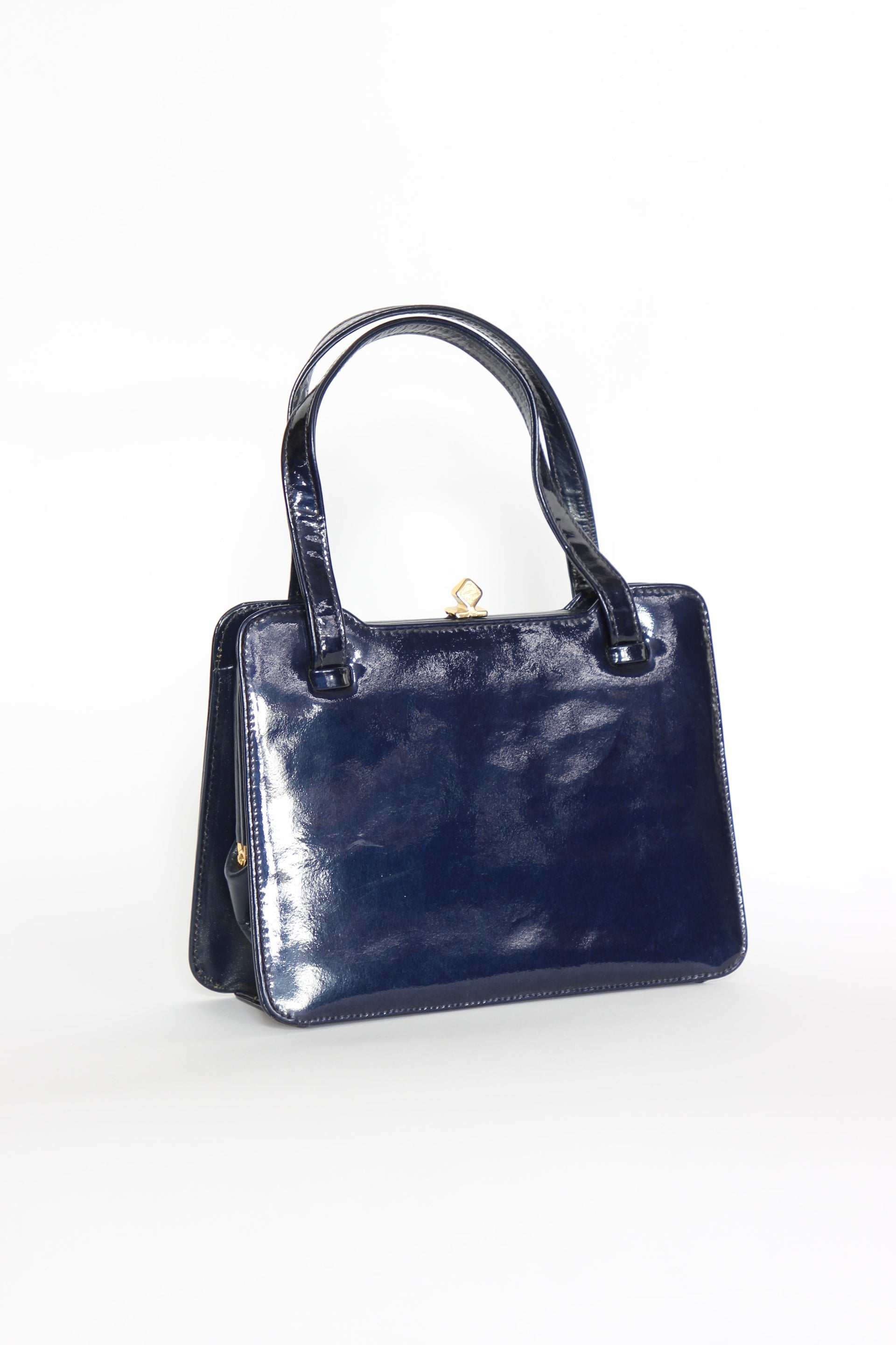 1950s 1960s Vintage Navy Blue Patent Leather Top Handle Bag/Purse